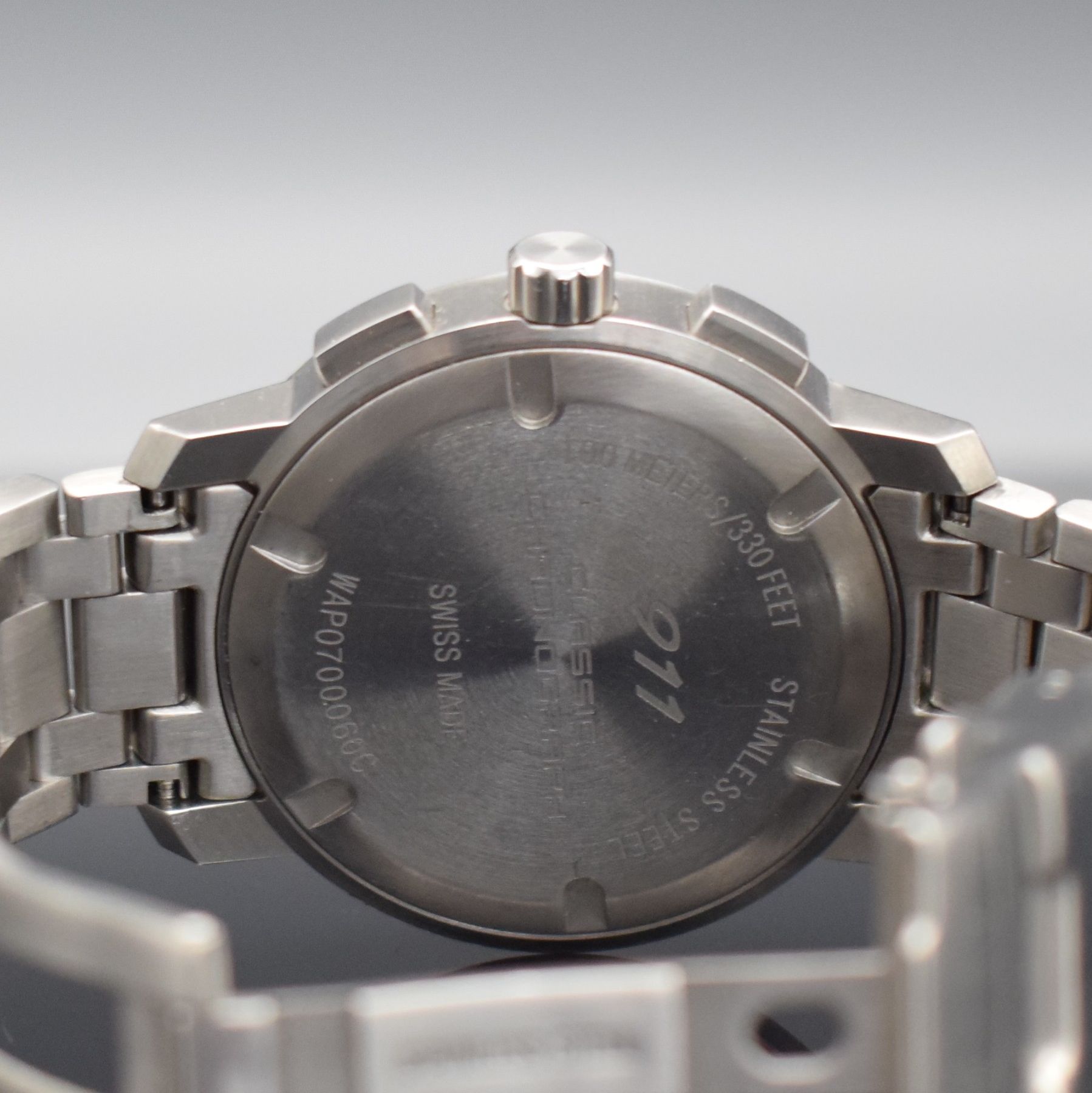 Detail e: PORSCHE DESIGN 911 Classic Chronograph Herrenarmbanduhr, um 2000, quarz, Ref. WAP0700060C, verschr. Edelstahlgeh. inkl. Gliederband m. Faltschl., ...