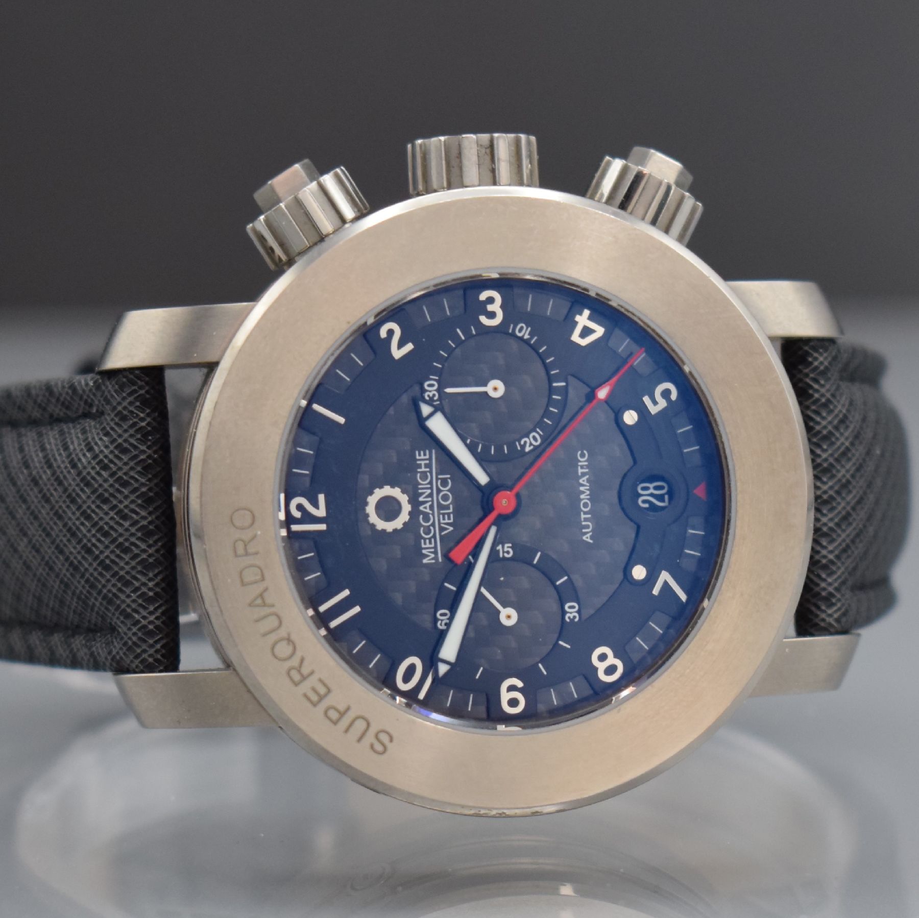 Detail a: MECCANICHE VELOCI Superquadro große Herrenarmbanduhr mit Chronograph, Italien um 2015, Automatik, beids. vergl. & verschr. Geh. in Titan, ...