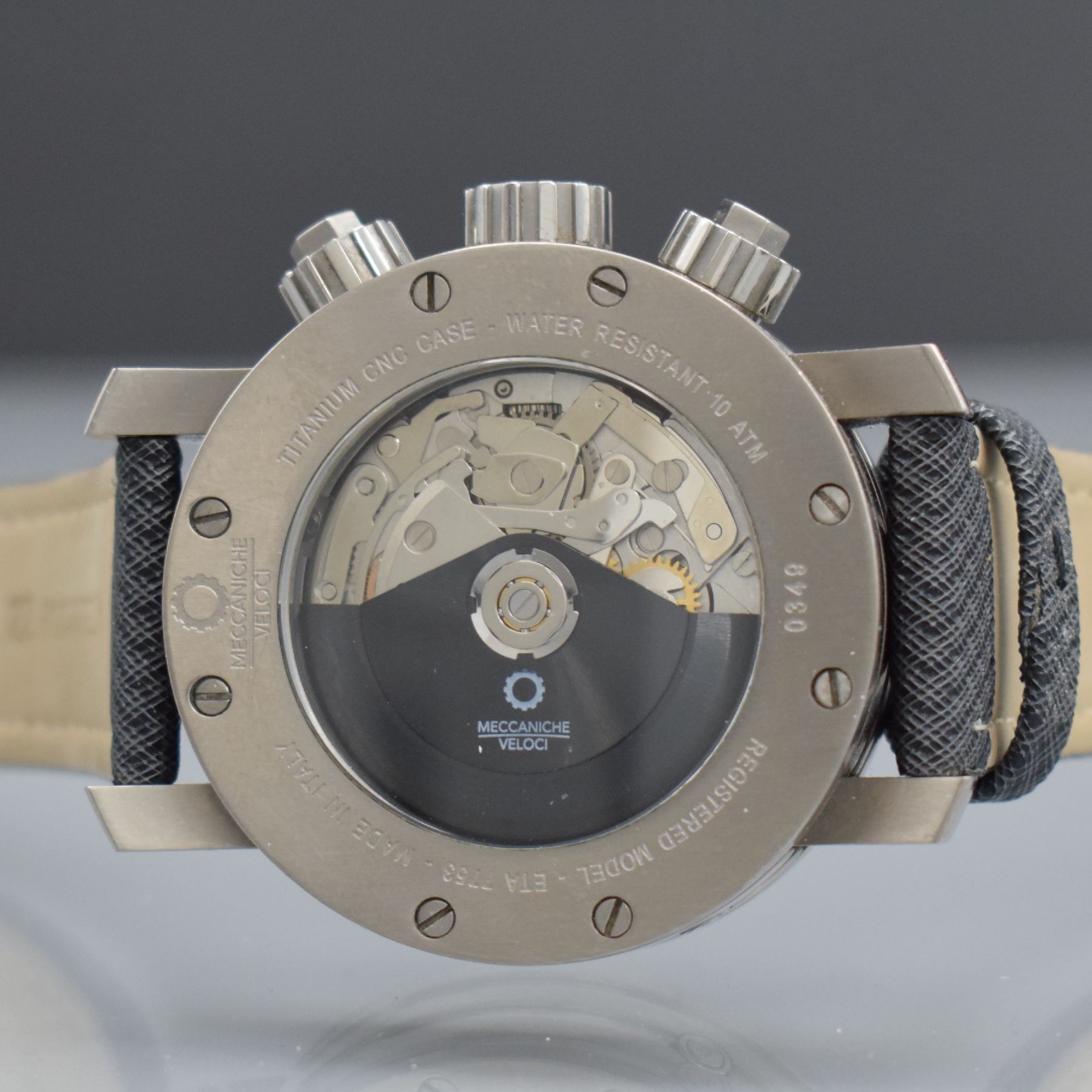 Detail f: MECCANICHE VELOCI Superquadro große Herrenarmbanduhr mit Chronograph, Italien um 2015, Automatik, beids. vergl. & verschr. Geh. in Titan, ...