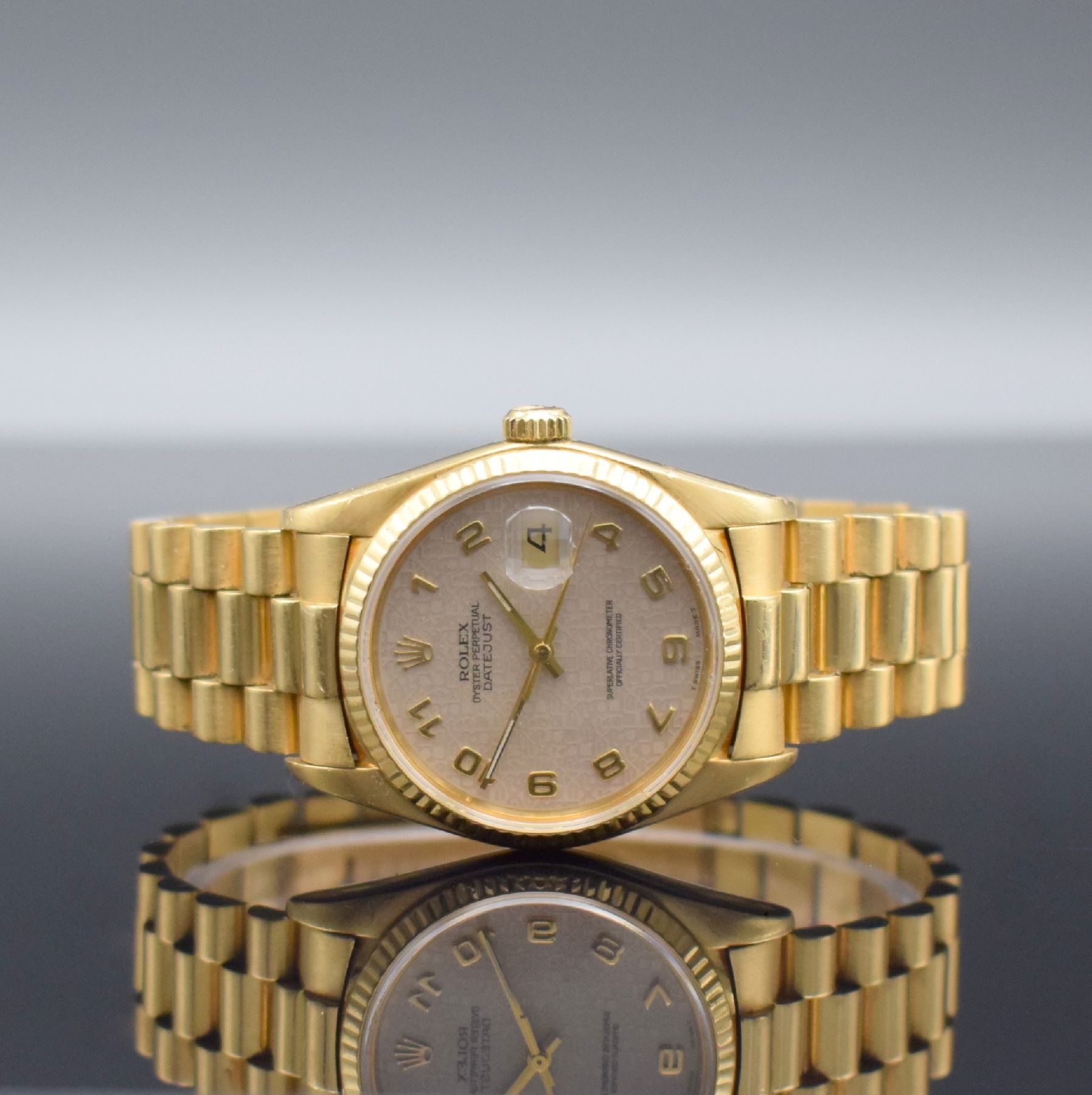 ROLEX Herrenarmbanduhr Oyster Perpetual Datejust in GG 750/000 Referenz 16018, Automatik, Schweiz um 1987, Präsidentband mit Faltschließe, ...