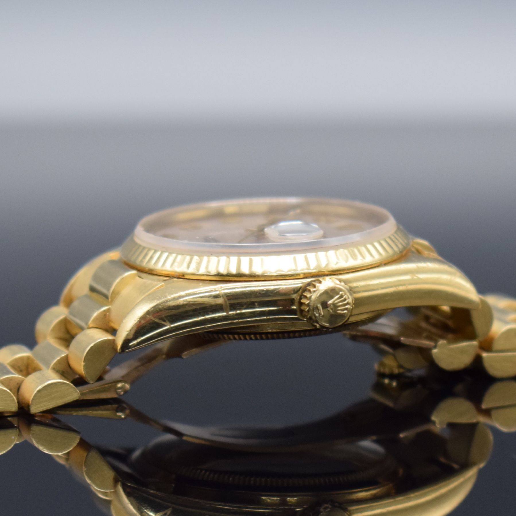 Detail e: ROLEX Herrenarmbanduhr Oyster Perpetual Datejust in GG 750/000 Referenz 16018, Automatik, Schweiz um 1987, Präsidentband mit Faltschließe, ...