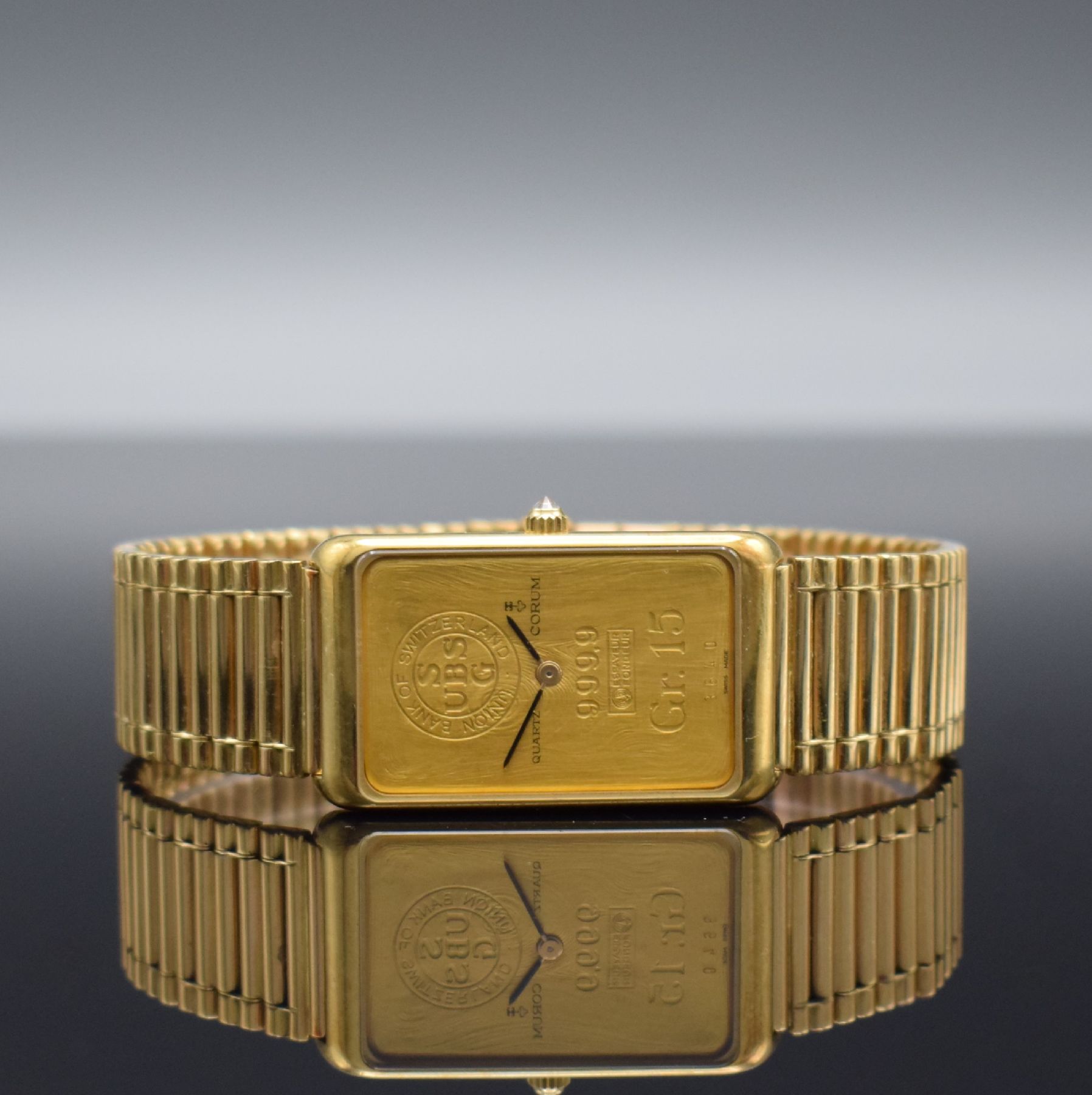 CORUM Herrenarmbanduhr in Form eines 15g Feingoldbarrens, Schweiz um 1993, quarz, Ref. 44400, GG 750/000 Gehäuse inkl Gliederband m. dopp. ...