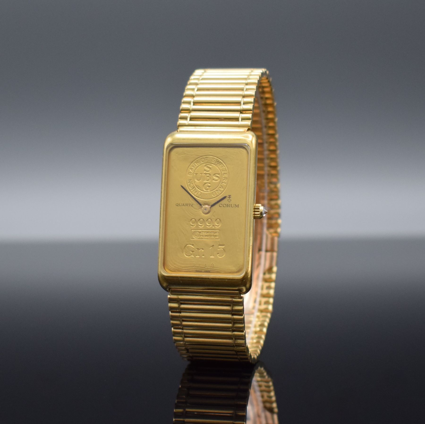 Detail b: CORUM Herrenarmbanduhr in Form eines 15g Feingoldbarrens, Schweiz um 1993, quarz, Ref. 44400, GG 750/000 Gehäuse inkl Gliederband m. dopp. ...
