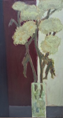 26185017a - Lore Lina Schmidt-Roßnagel, 1923 - 2011, stilllife with flowers, oil / canvas, monogrammed, on the stretcher inscribed # "Artichoke flowers #" on the reverse, signed and dated 1977, approx. 120 x 70 cm, frame