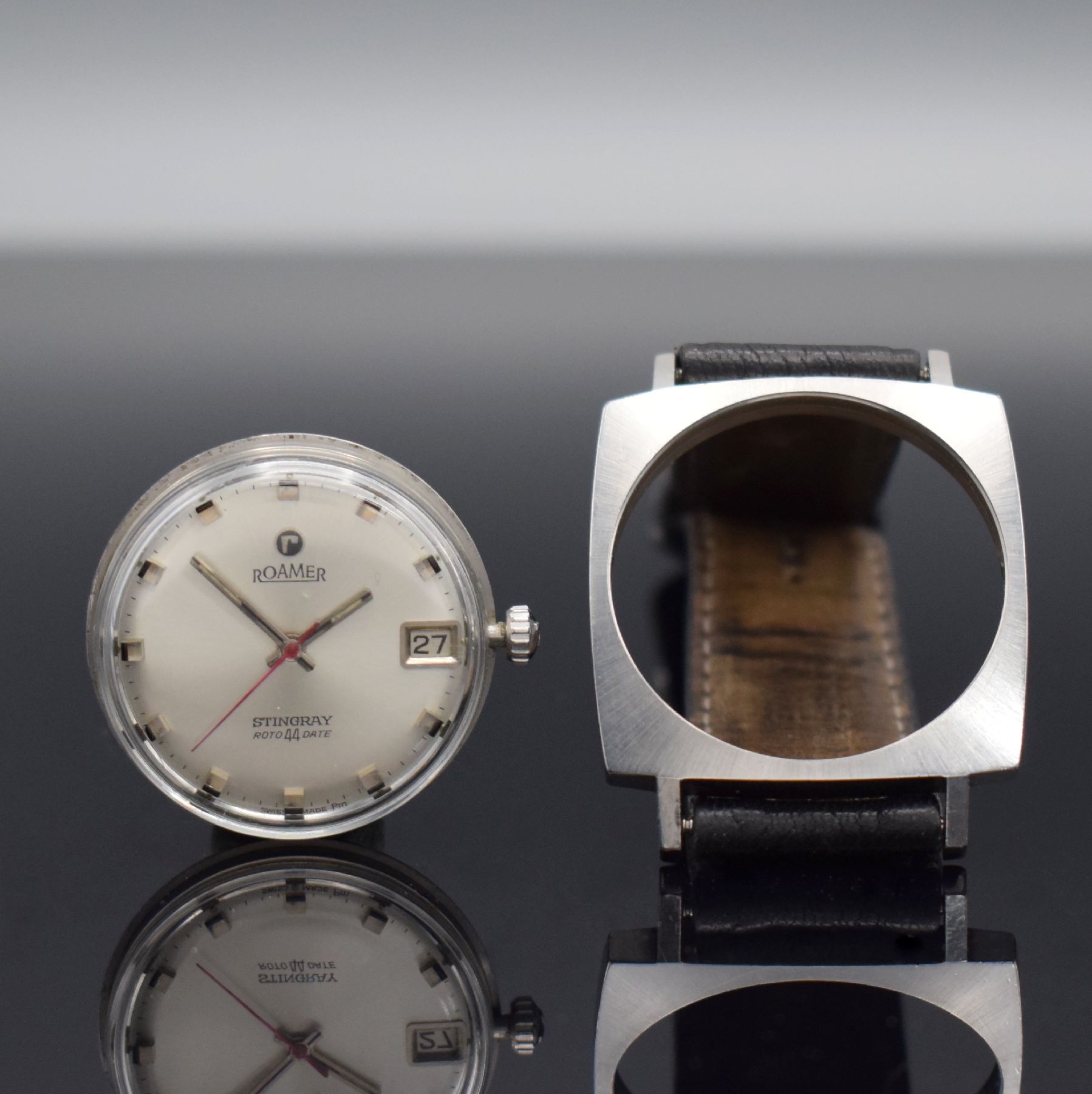 Detail f: ROAMER Herrenarmbanduhr Stingray Roto 44 Date, Automatik, Schweiz 1970er Jahre, Ref. 471-1120.600, kissenförmiges Edelstahlgeh., neutr. Lederband, ...