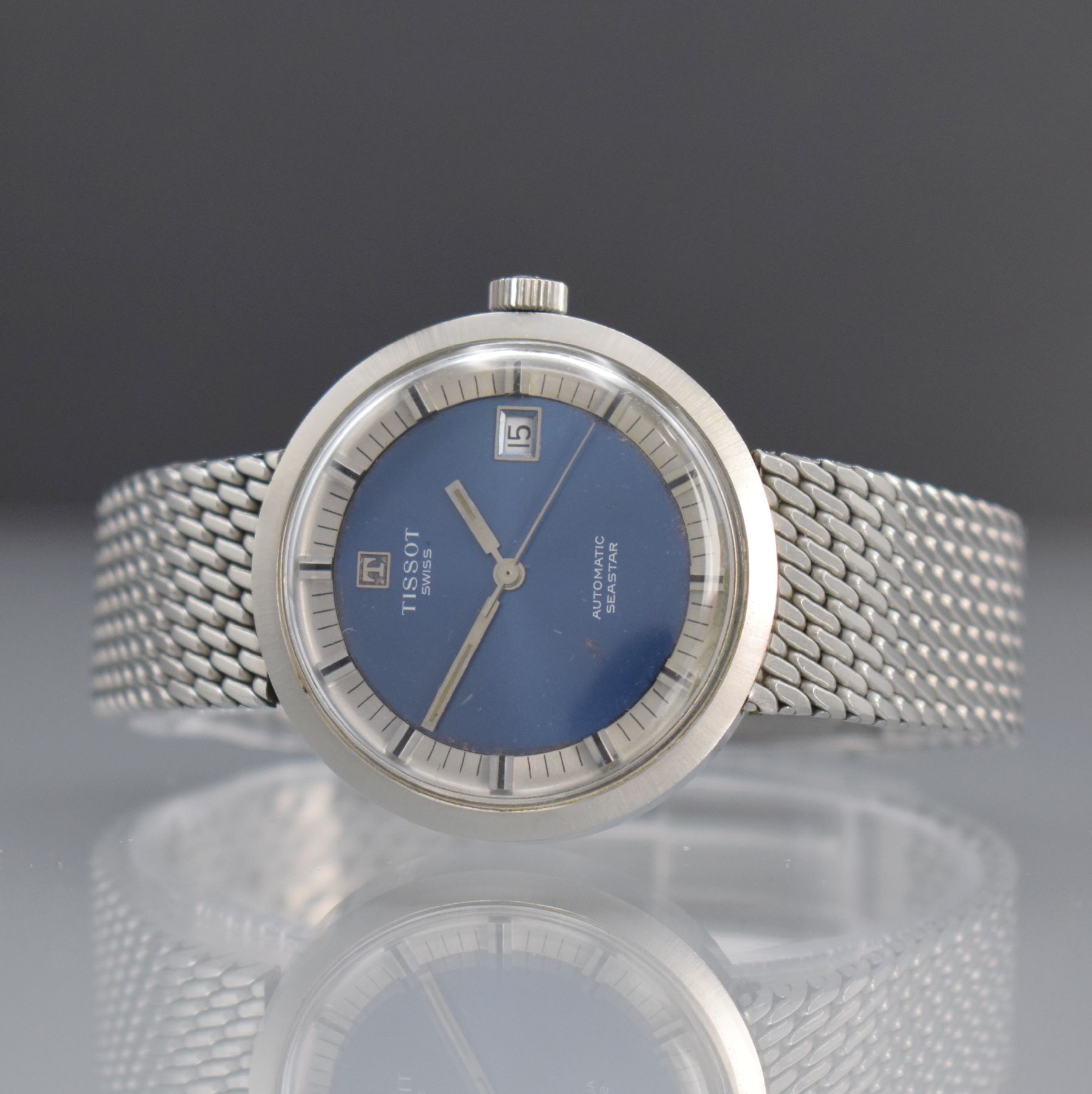 TISSOT Herrenarmbanduhr Seastar, Automatik, Schweiz um 1970, Ref. 44636 4, Edelstahlgeh. inkl. Gliederband m. Faltschl., Boden verschr., blaues ...