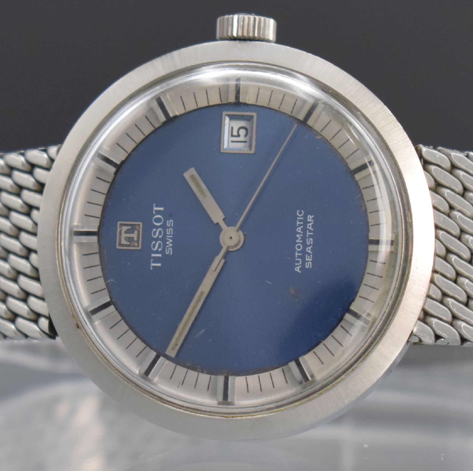Detail a: TISSOT Herrenarmbanduhr Seastar, Automatik, Schweiz um 1970, Ref. 44636 4, Edelstahlgeh. inkl. Gliederband m. Faltschl., Boden verschr., blaues ...
