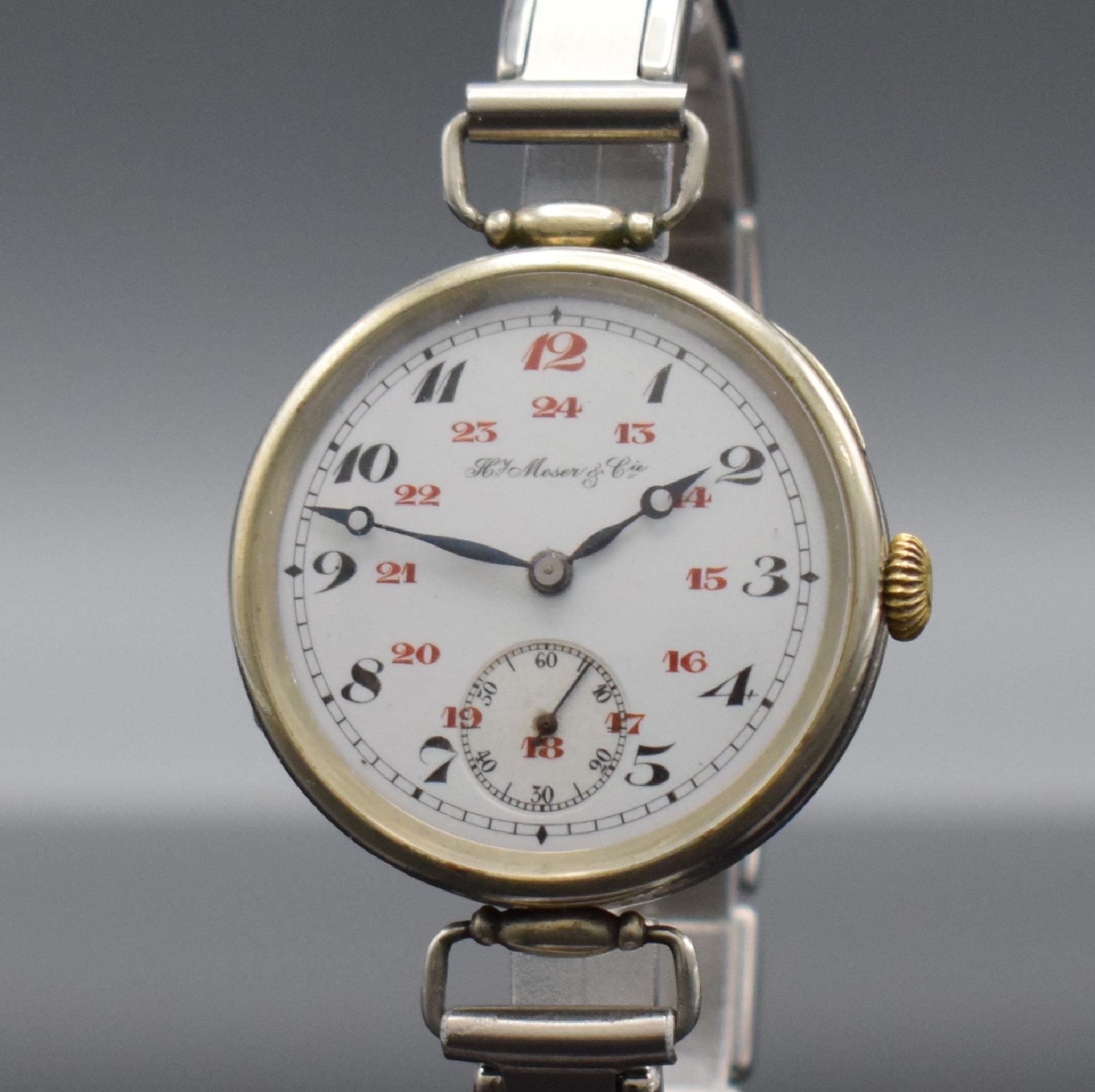Detail c: HENRY MOSER & Cie frühe Herrenarmbanduhr, Schweiz f. d. russischen Markt um 1920, Zifferbl., Cuvette & Werk sign., 4-teil. Nickelgeh., Glasrand & ...