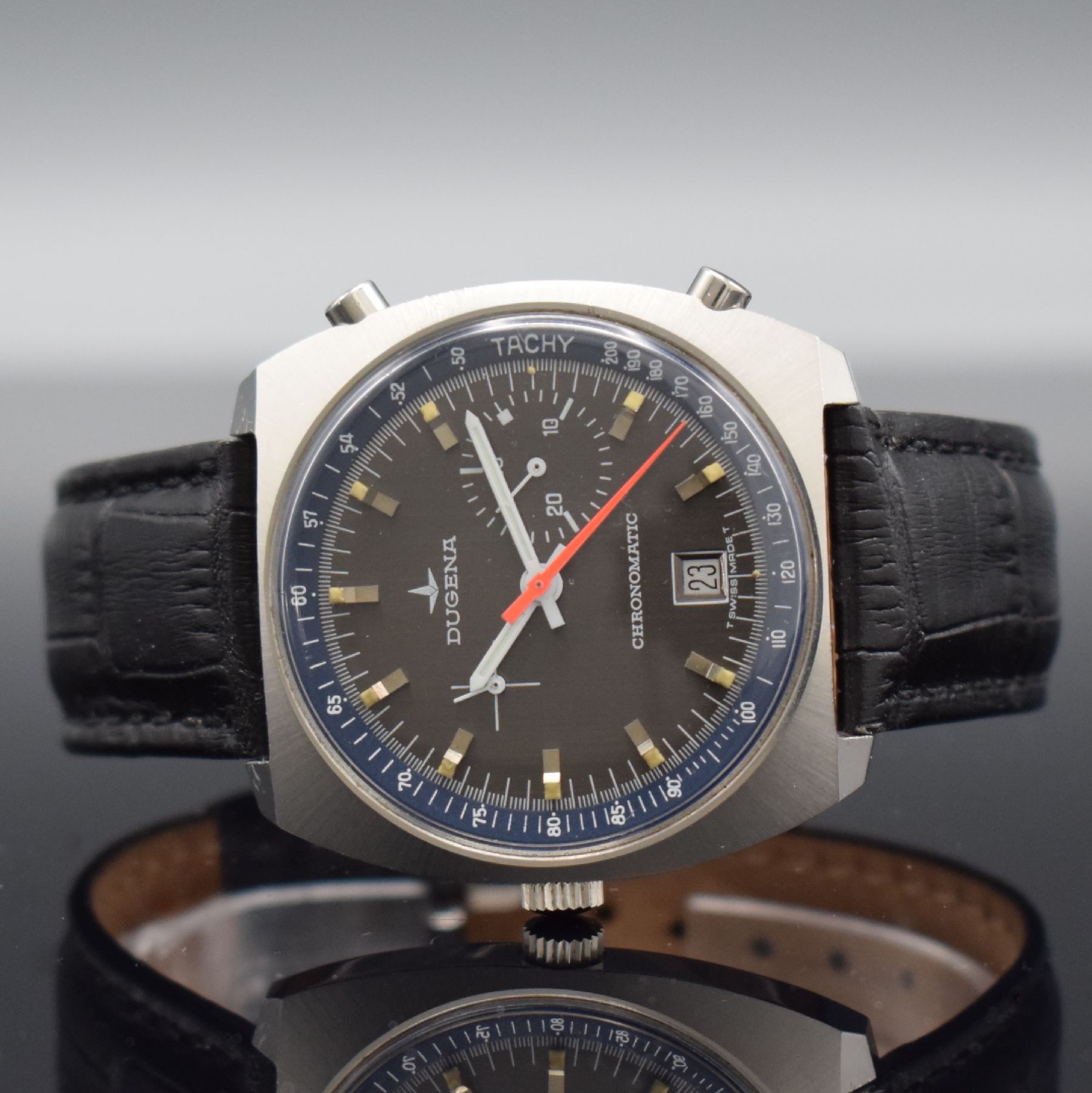 DUGENA seltener Armbandchronograph Chronomatic in Stahl, Automatik mit Microrotor, Schweiz für den dtsch. Markt um 1968, Edelstahlgeh., Boden ...