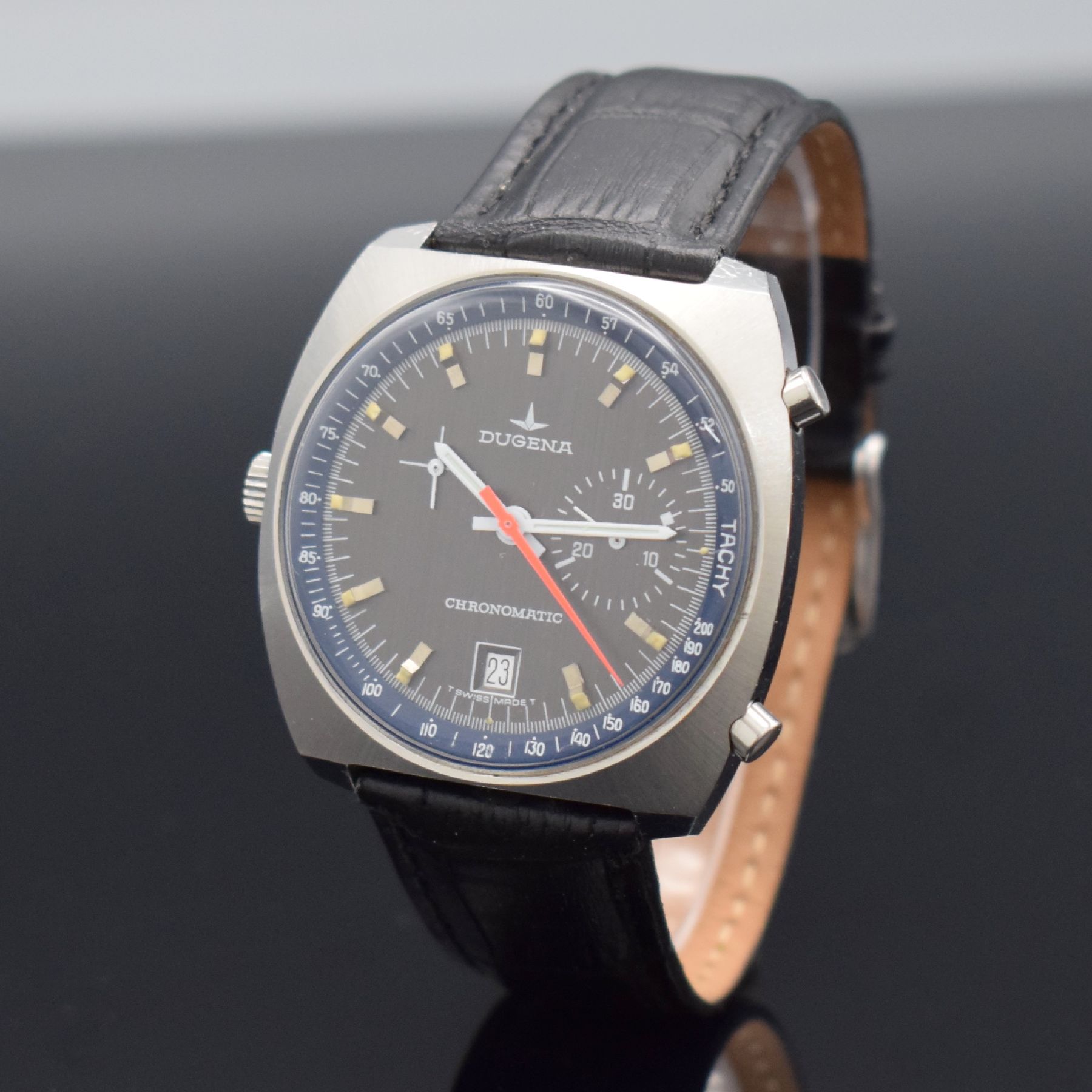 Detail b: DUGENA seltener Armbandchronograph Chronomatic in Stahl, Automatik mit Microrotor, Schweiz für den dtsch. Markt um 1968, Edelstahlgeh., Boden ...
