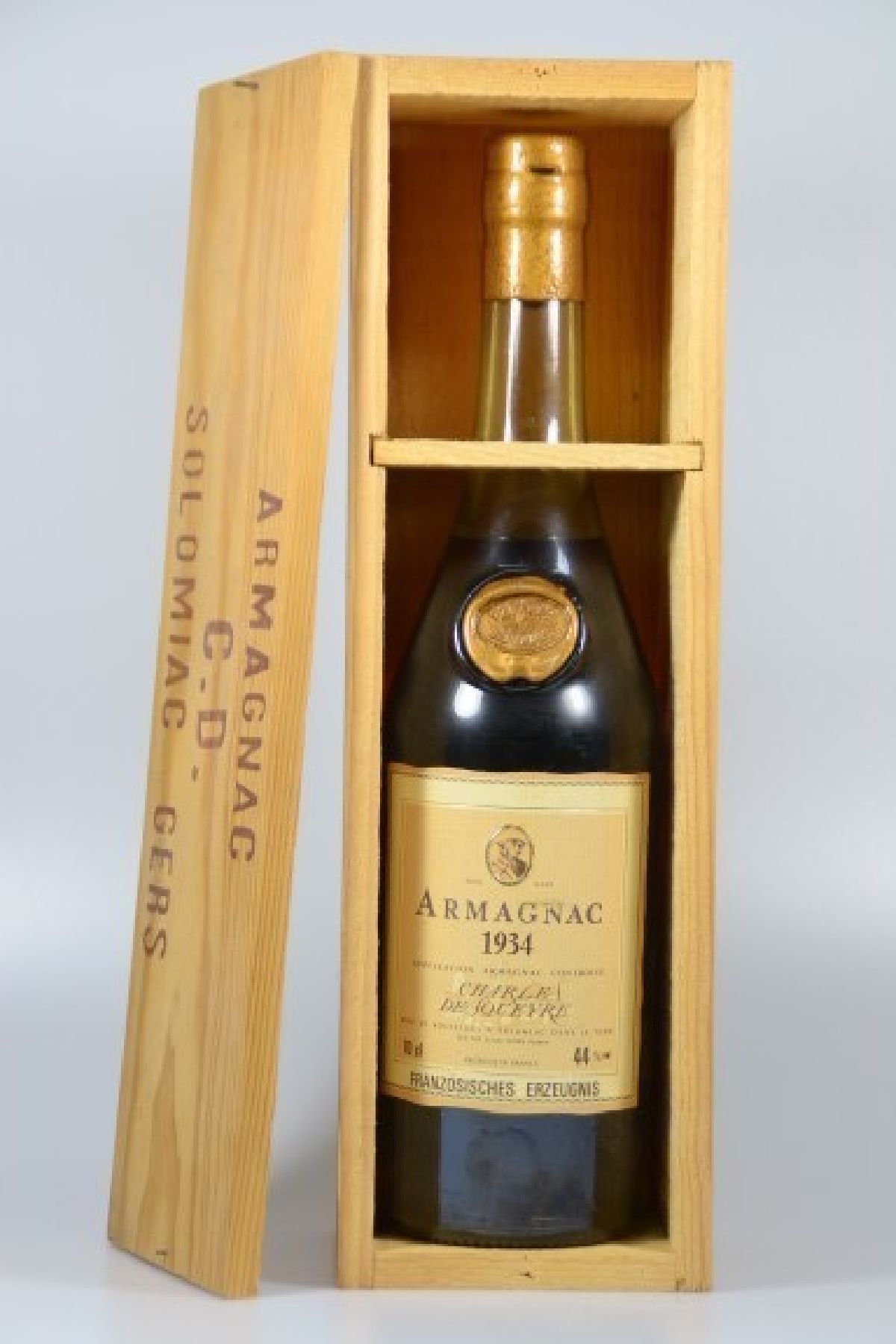 Detail a: Armagnac 1934, Charles de Squeyre, 70 cl, 44%, später abgefüllt, Holzkiste