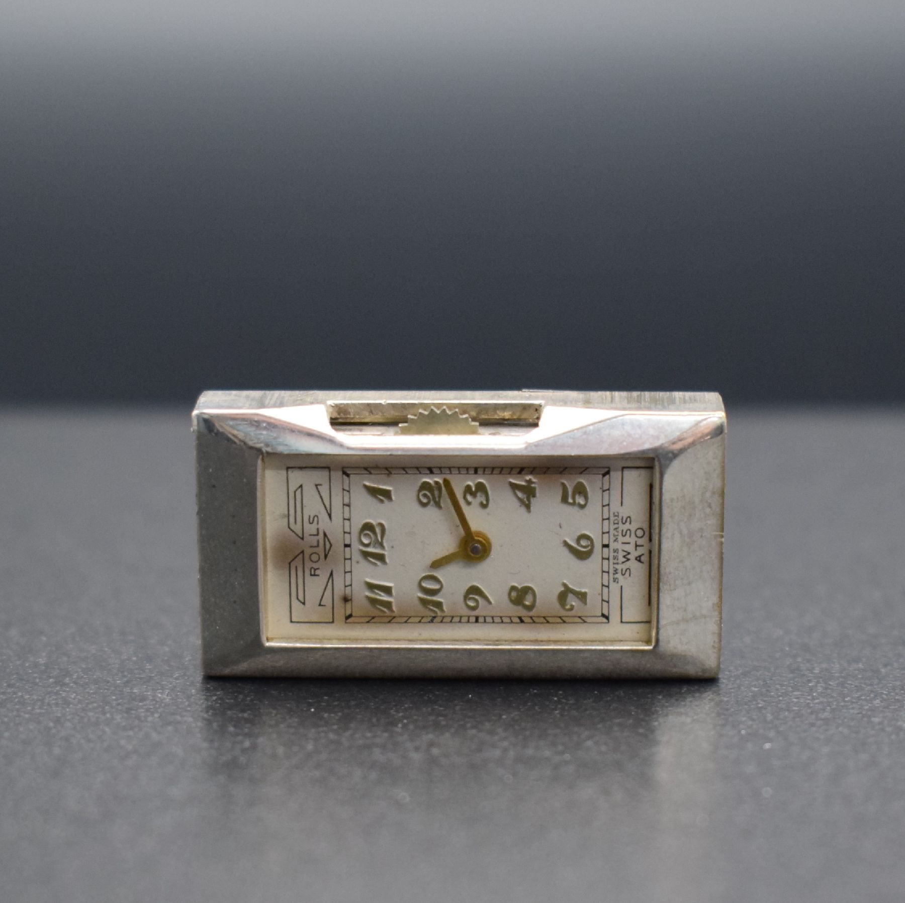 Detail g: ATO ROLLS seltene Armbanduhr mit früher Rüttelautomatik, Schweiz um 1930, Automatik, Scharniergeh. in Silber, orig. Zifferbl. m. aufges. gold. ...