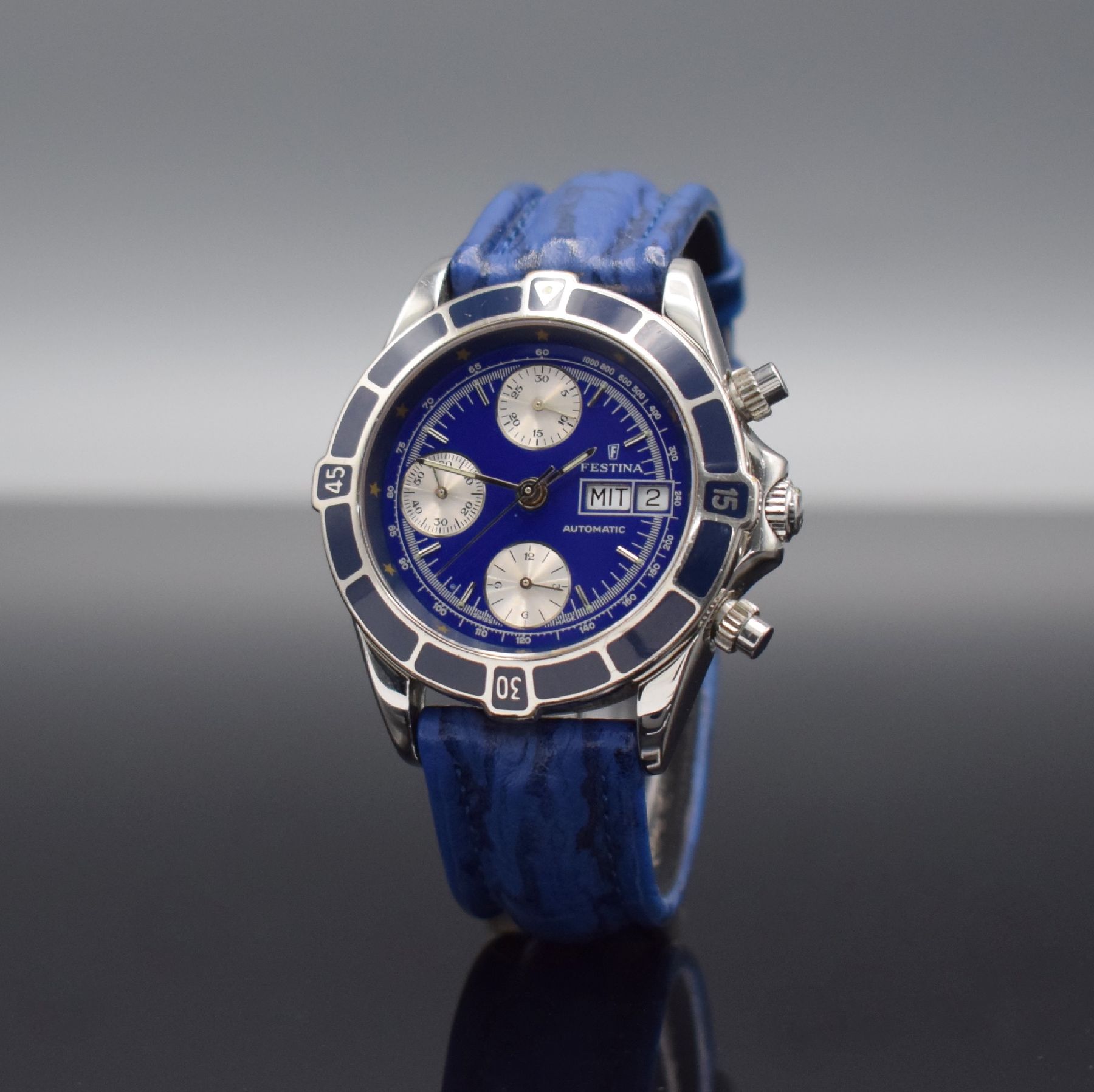 Detail f: FESTINA limitierte Herrenarmbanduhr mit Chronograph, Schweiz um 1995, Automatik, limitierte Auflage v. 500 Stück, beids. vergl. Gehäuse, Boden ...
