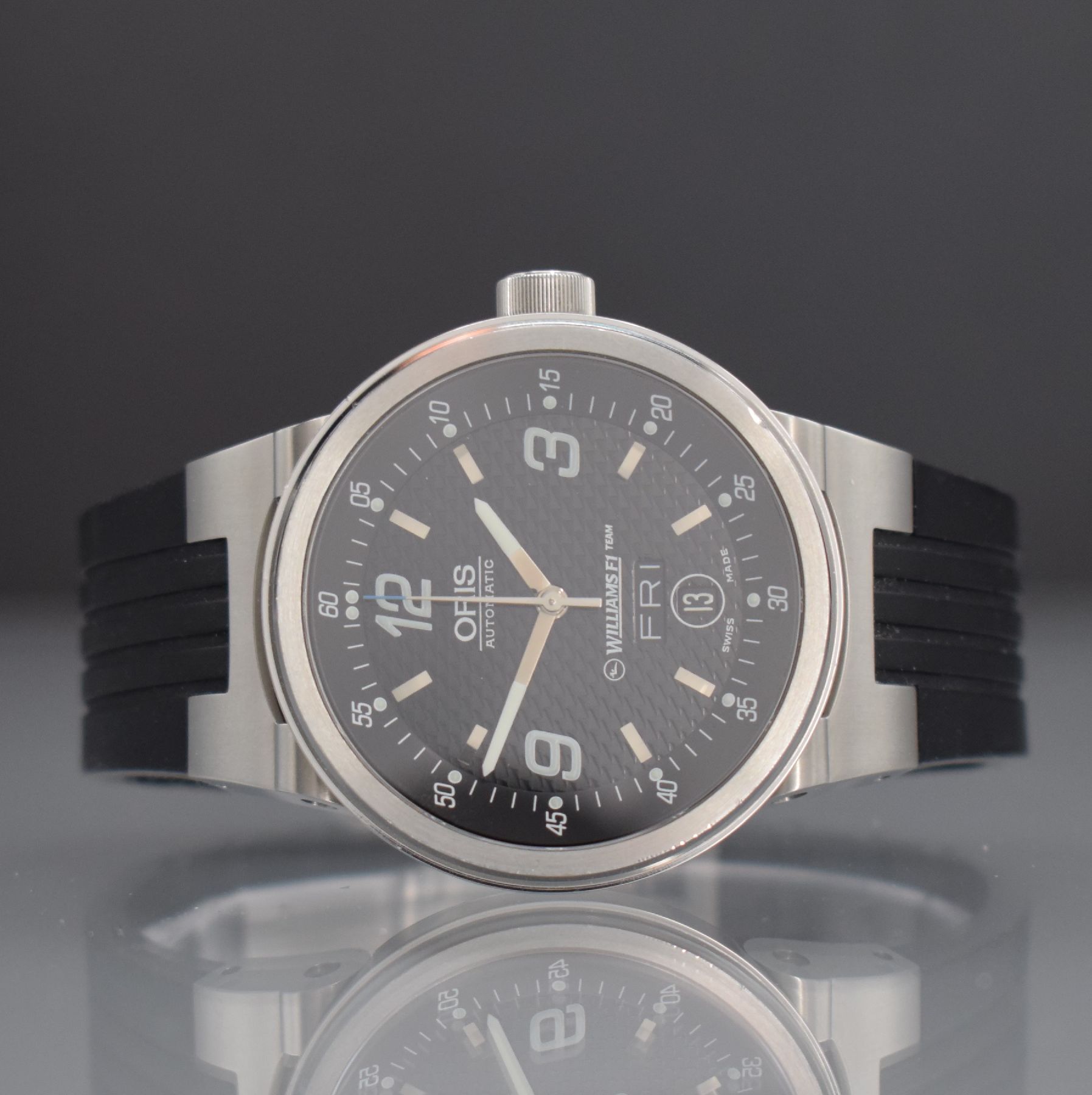 ORIS Herrenarmbanduhr aus der Serie WILLIAMS F1 Team, Schweiz um 2007, Automatik, Ref. 7560, beids. vergl. Edelstahlgeh., Boden verschr., Boden ...