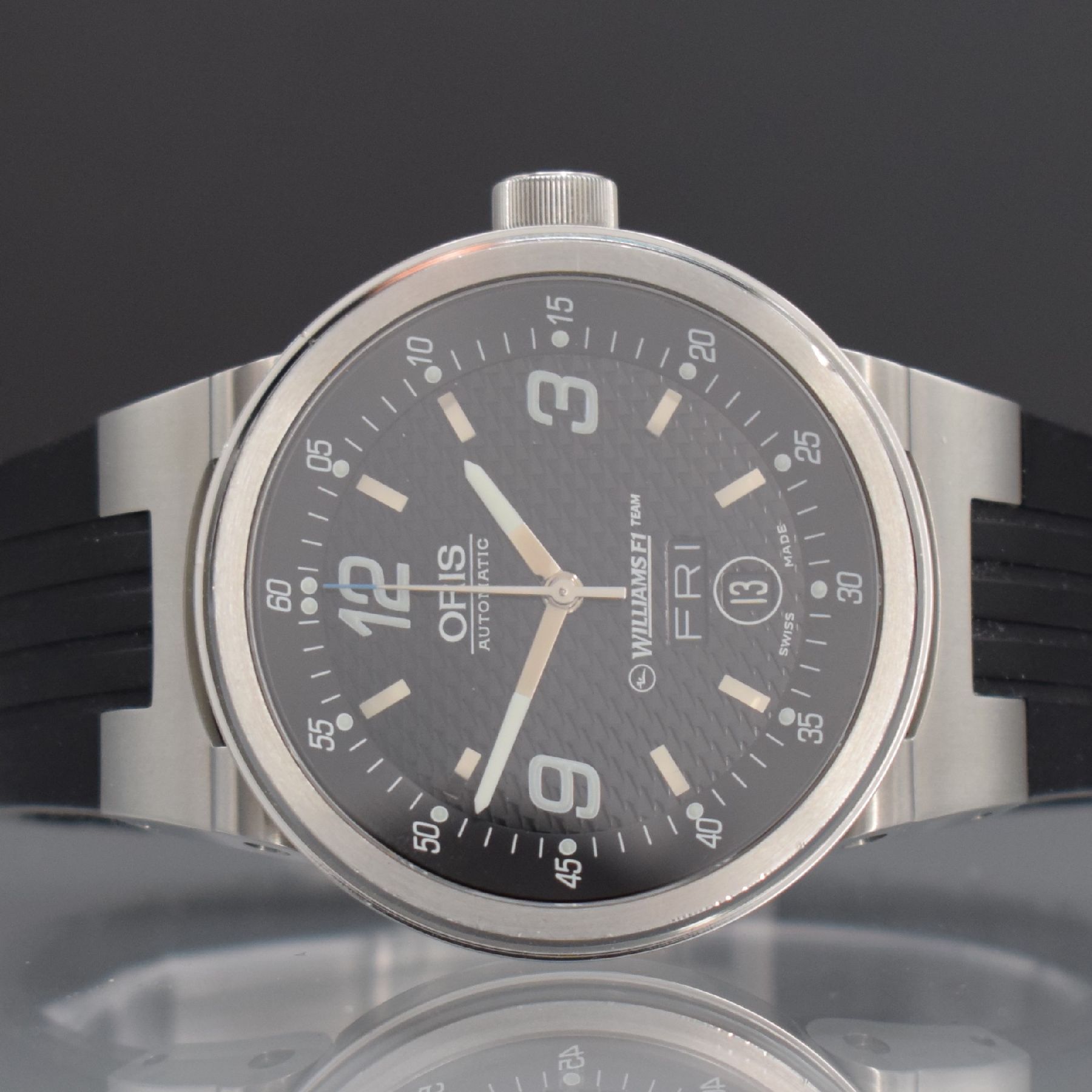 Detail a: ORIS Herrenarmbanduhr aus der Serie WILLIAMS F1 Team, Schweiz um 2007, Automatik, Ref. 7560, beids. vergl. Edelstahlgeh., Boden verschr., Boden ...