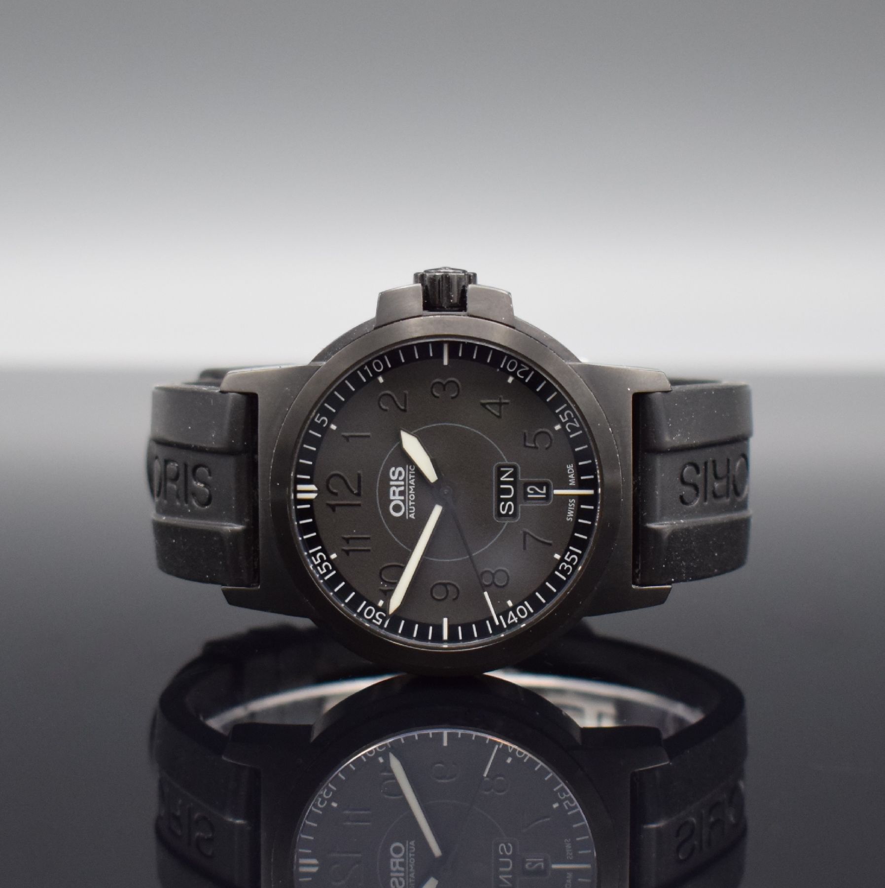 ORIS Herrenarmbanduhr Ref. 7641-47, Schweiz um 2005, Automatik, geschwärztes Edelstahlgeh. beids. vergl., Boden & Krone verschr., Kautschukband m. ...
