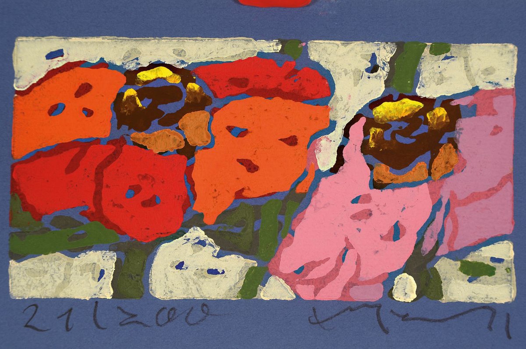 Klaus Fussmann, geb. 1938 Velbert, Rosen rot lila, Farblinolschnitt, sign., num. 21/200 , ca. 10x17,5 cm