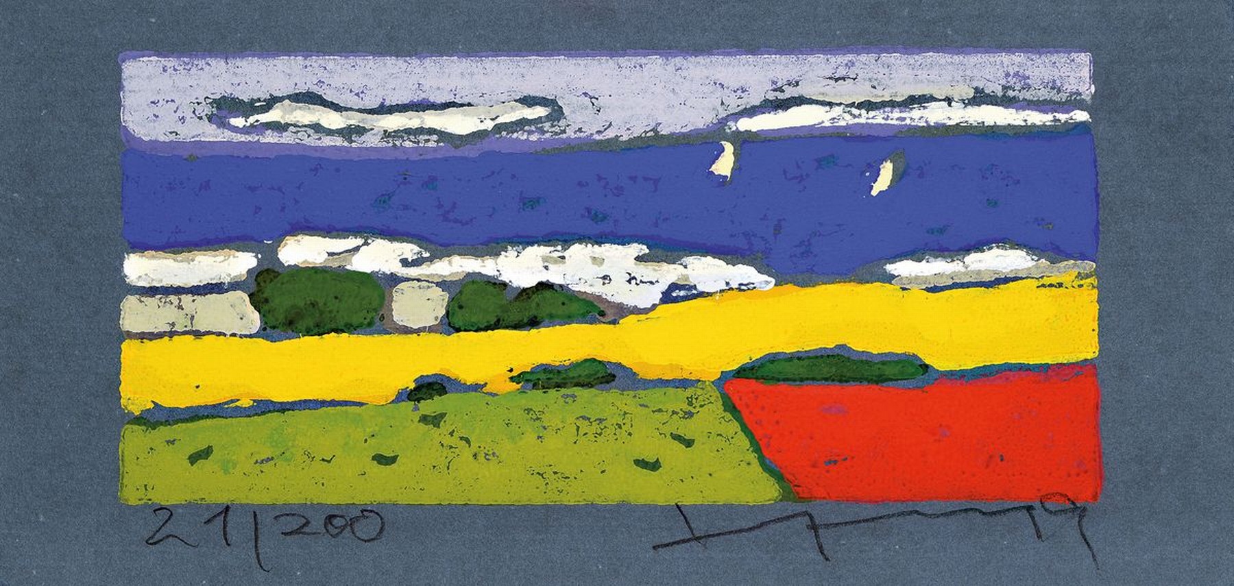 Klaus Fussmann, geb. 1938 Velbert, Raps vor Ostsee, Farblinolschnitt, sign., num. 21/200, ca. 10x22 cm