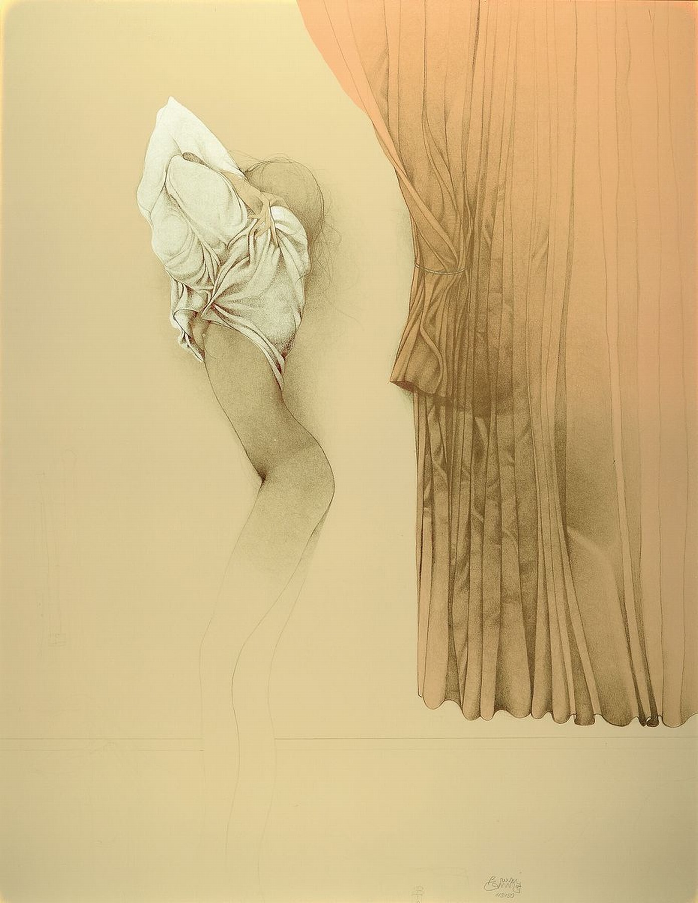 Bruno Bruni, geb. 1935 Gradara, Lithografie, stehende Akt die sich entkleidet,sign., num. 119/150, unter Glas gerahmt, gesamt ca. 99x77 cm