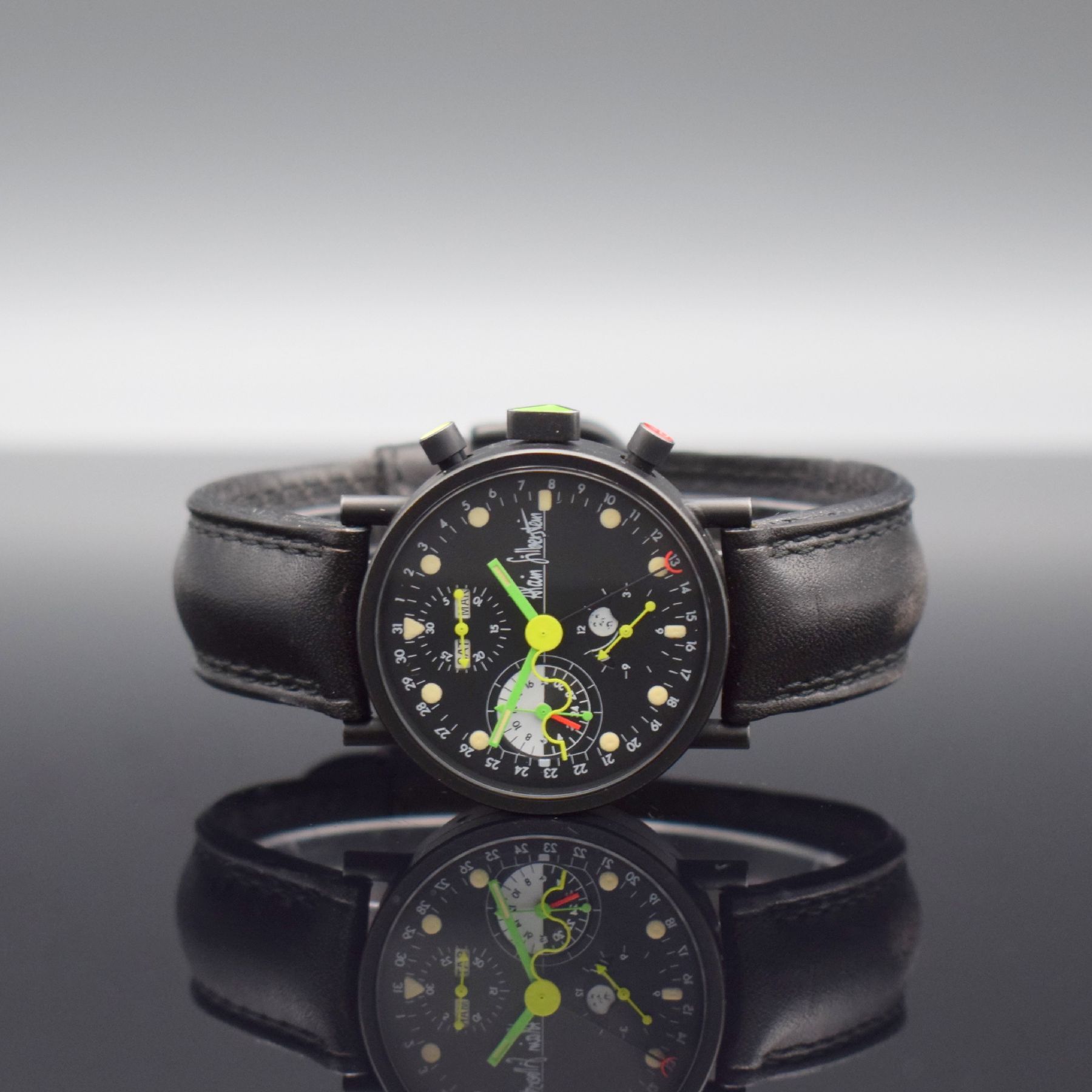 ALAIN SILBERSTEIN KRONO Herrenarmbanduhr mit Vollkalender, Chronograph & 24-Stunden- Anzeige, Frankreich um 1995, Automatik, geschwärztes Gehäuse ...