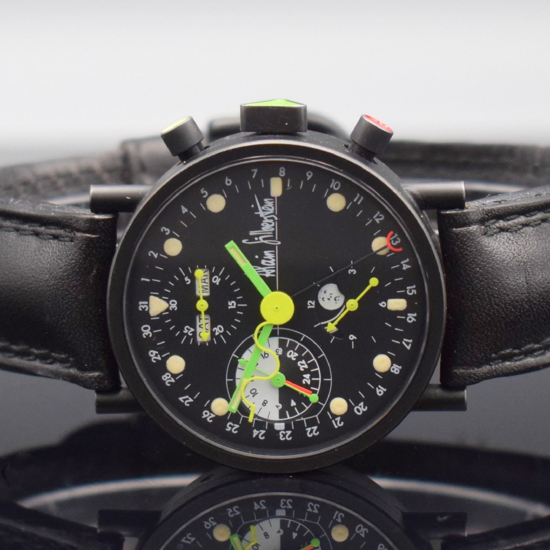 Detail a: ALAIN SILBERSTEIN KRONO Herrenarmbanduhr mit Vollkalender, Chronograph & 24-Stunden- Anzeige, Frankreich um 1995, Automatik, geschwärztes Gehäuse ...