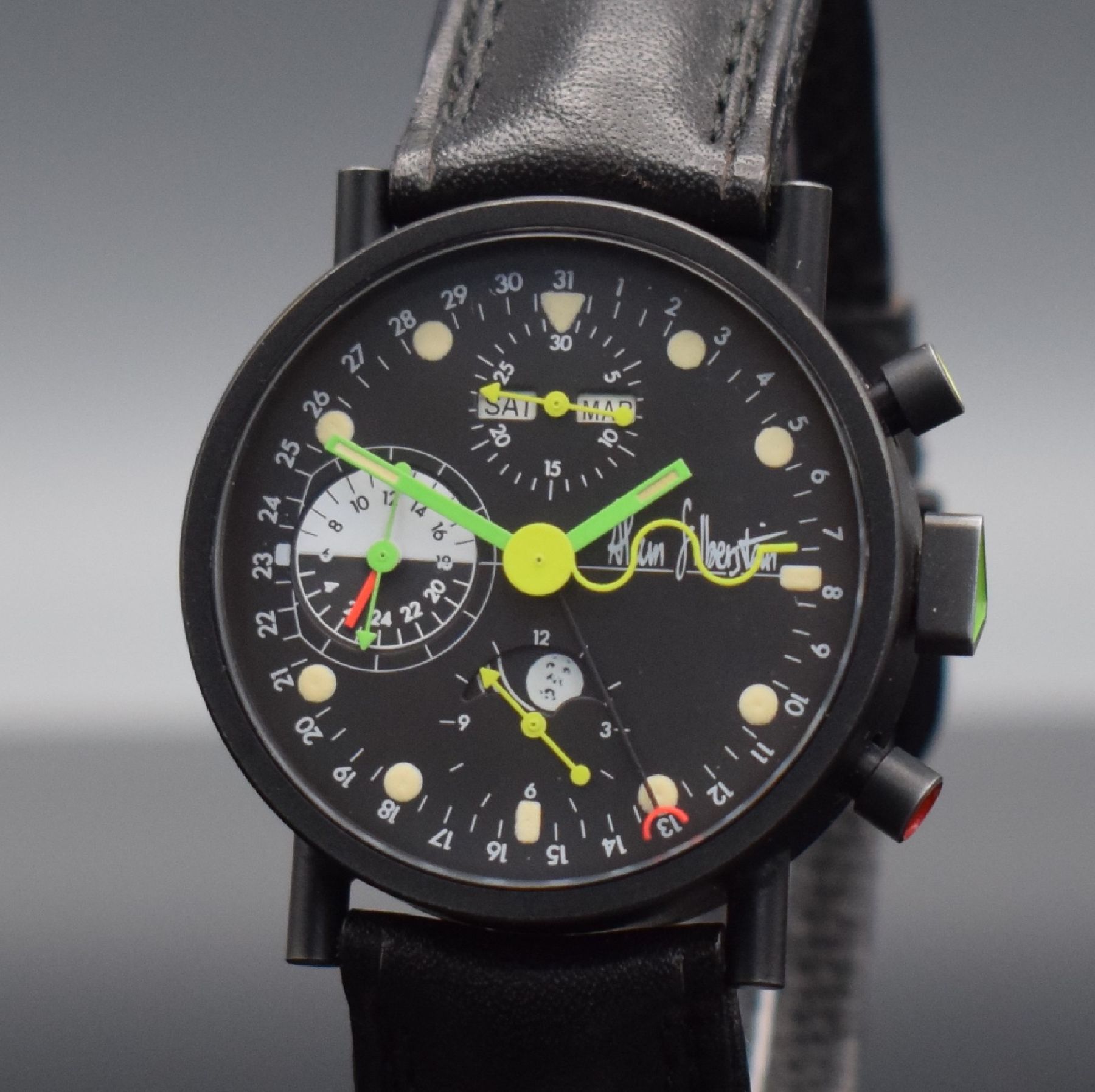 Detail c: ALAIN SILBERSTEIN KRONO Herrenarmbanduhr mit Vollkalender, Chronograph & 24-Stunden- Anzeige, Frankreich um 1995, Automatik, geschwärztes Gehäuse ...