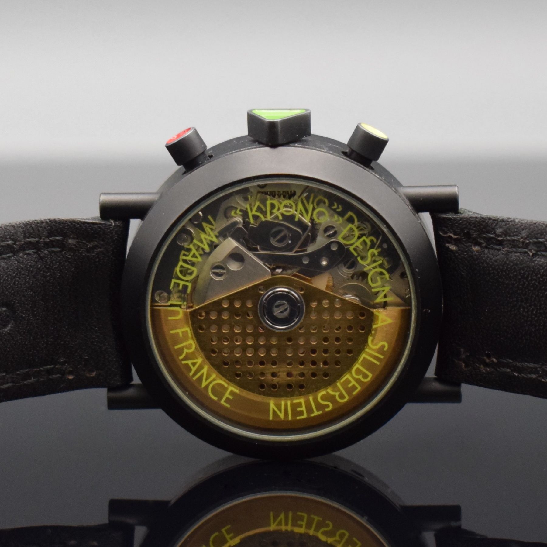 Detail e: ALAIN SILBERSTEIN KRONO Herrenarmbanduhr mit Vollkalender, Chronograph & 24-Stunden- Anzeige, Frankreich um 1995, Automatik, geschwärztes Gehäuse ...