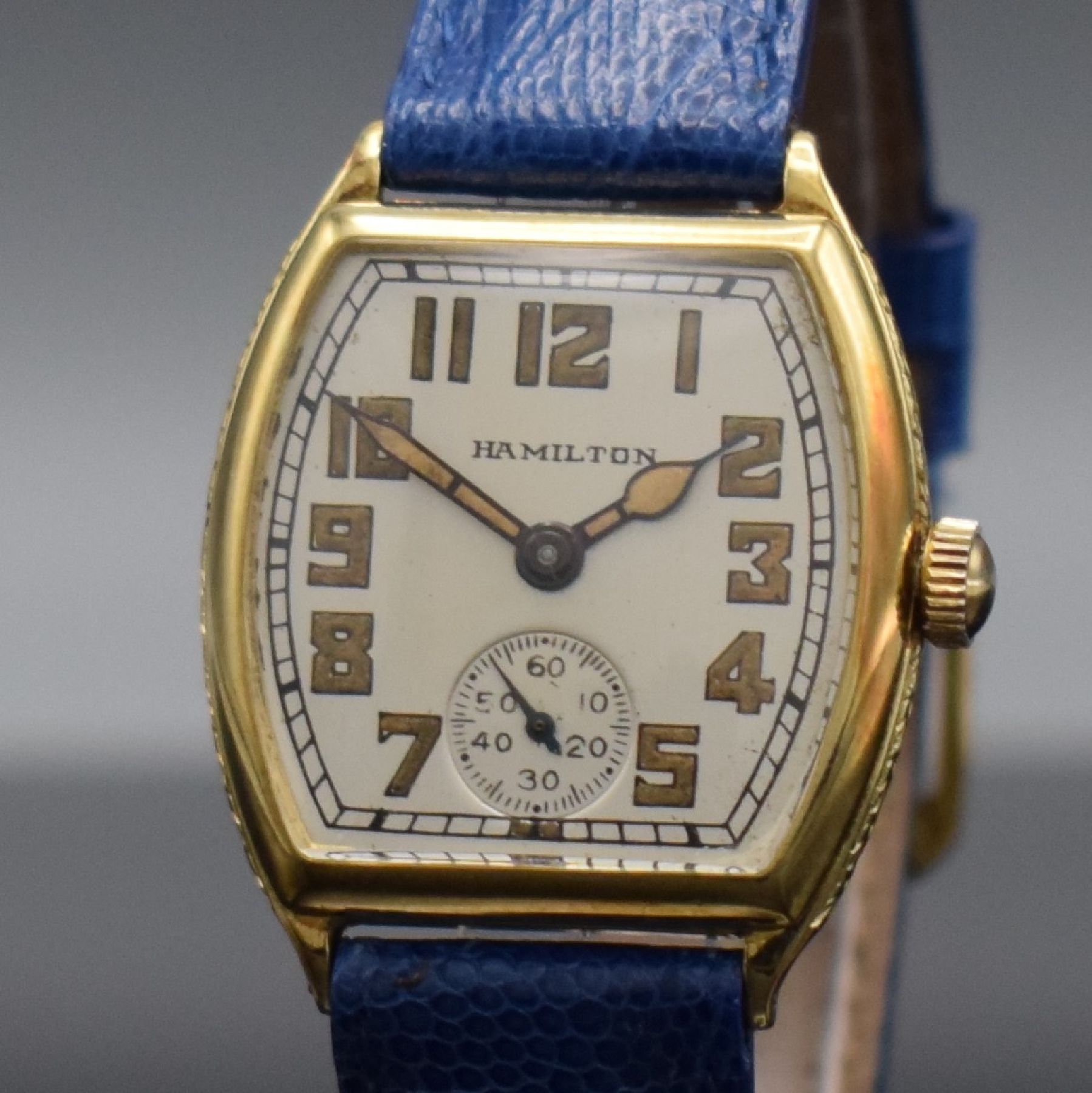 Detail c: HAMILTON Watch Co. Armbanduhr in GG 585/000, USA um 1929, Handaufzug, 3-teil. Gehäuse, Boden & Glasrand aufgedr., silb. Zifferbl. m. arab. Zahlen, ...