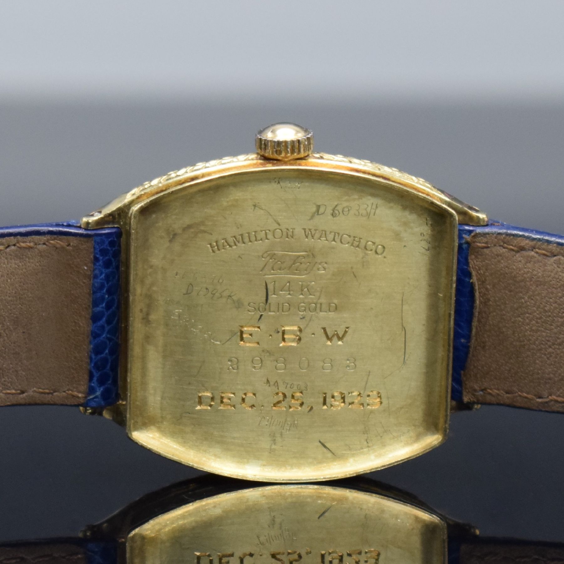 Detail f: HAMILTON Watch Co. Armbanduhr in GG 585/000, USA um 1929, Handaufzug, 3-teil. Gehäuse, Boden & Glasrand aufgedr., silb. Zifferbl. m. arab. Zahlen, ...
