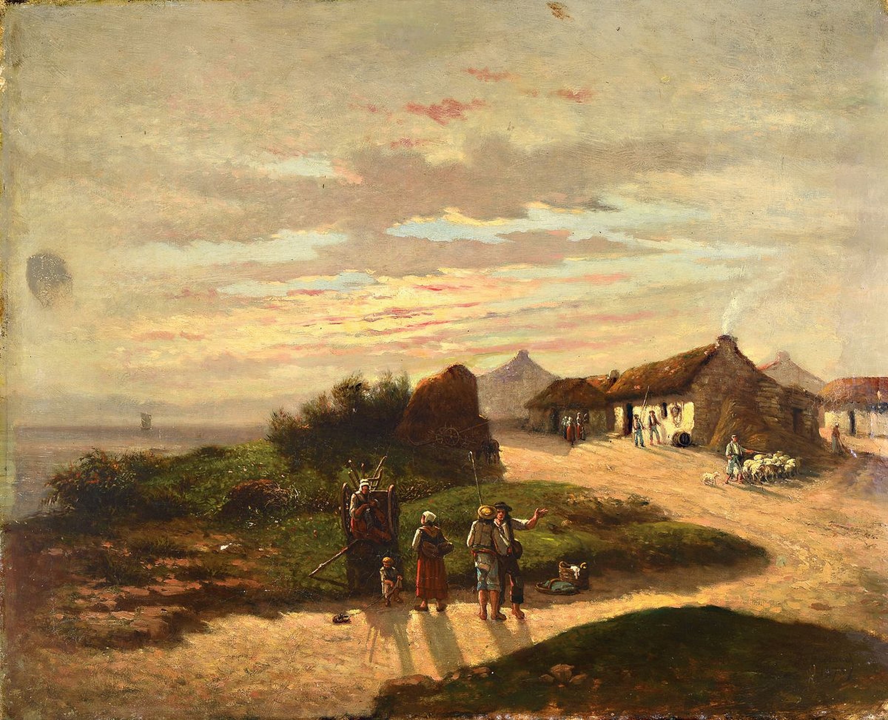 Gustave Cesaire Garaud, 1844/47-1914, reges Treiben in einem Dorf am Strand, Öl/Lwd, rechts unten signiert, ca. 54x67cm