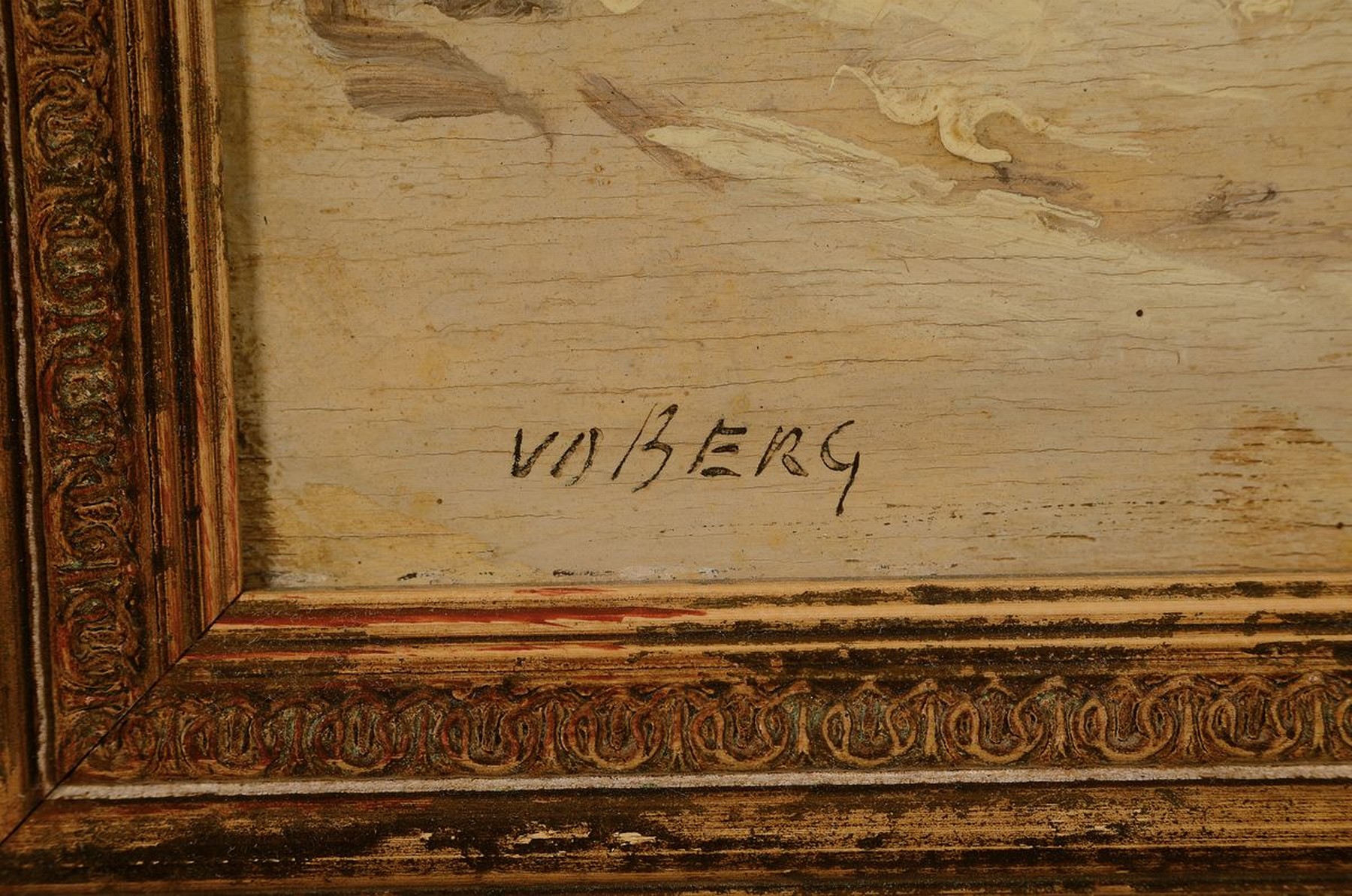 Detail a: Voberg, Maler der 1. Hälfte des 20. Jh., verschneite Winterlandschaft mit Wehr, Öl/Holz, rechts unten signiert, ca. 40x60cm, mit ca. 16cm breitem ...