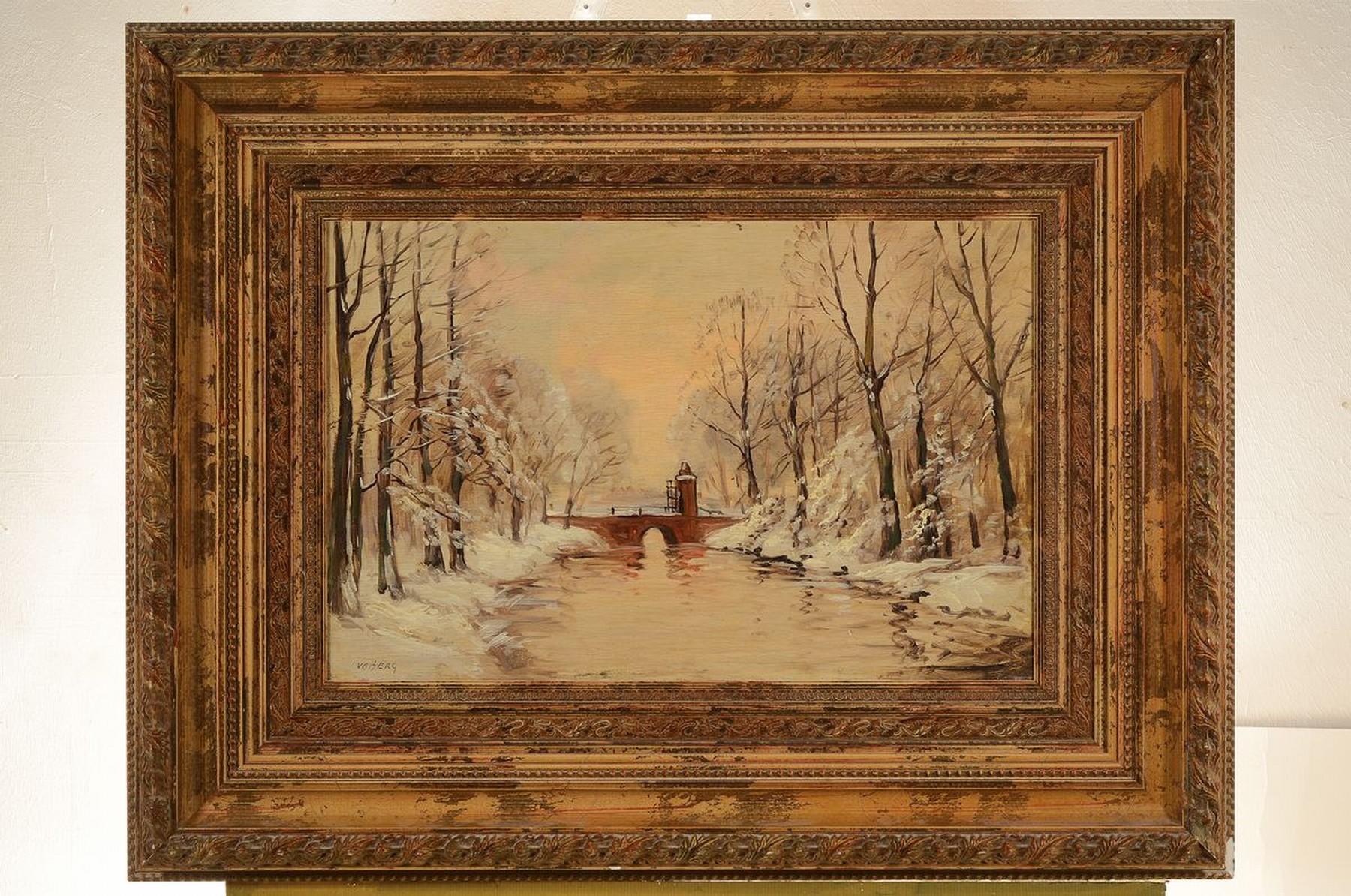 Detail k: Voberg, Maler der 1. Hälfte des 20. Jh., verschneite Winterlandschaft mit Wehr, Öl/Holz, rechts unten signiert, ca. 40x60cm, mit ca. 16cm breitem ...