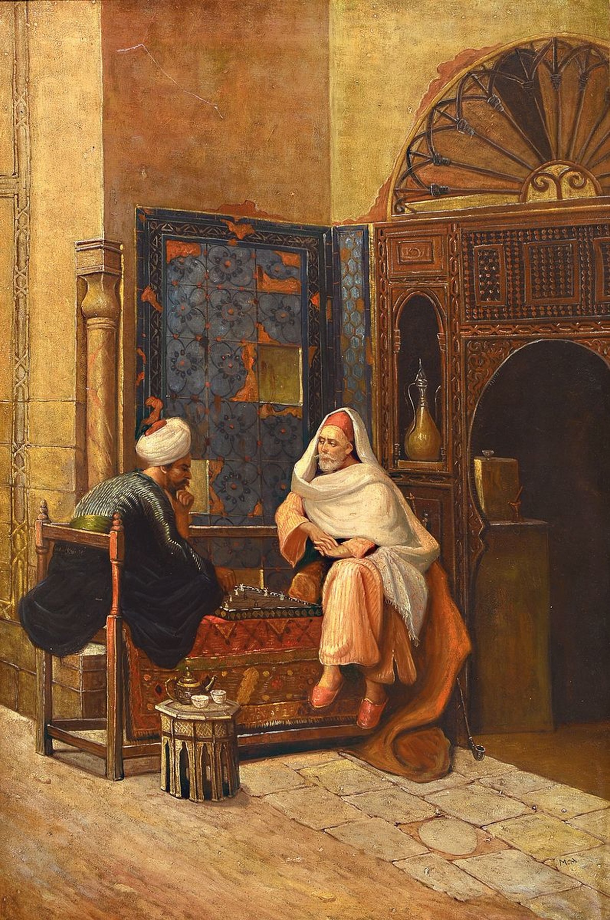 Monogrammist M.A., Orientalist, um 1900, zwei Männer beim Tee, Öl/Lwd, rechts unten monogrammiert, ca. 90x60cm, R. ca. 14cm breiter ...