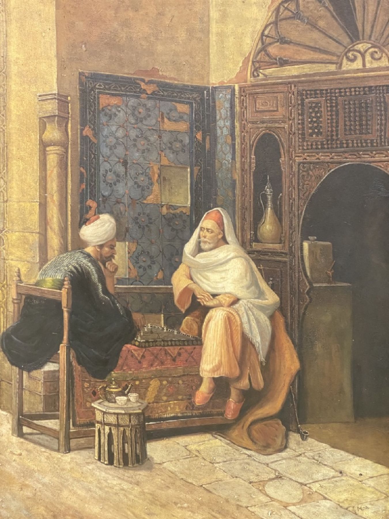 Detail c: Monogrammist M.A., Orientalist, um 1900, zwei Männer beim Tee, Öl/Lwd, rechts unten monogrammiert, ca. 90x60cm, R. ca. 14cm breiter ...