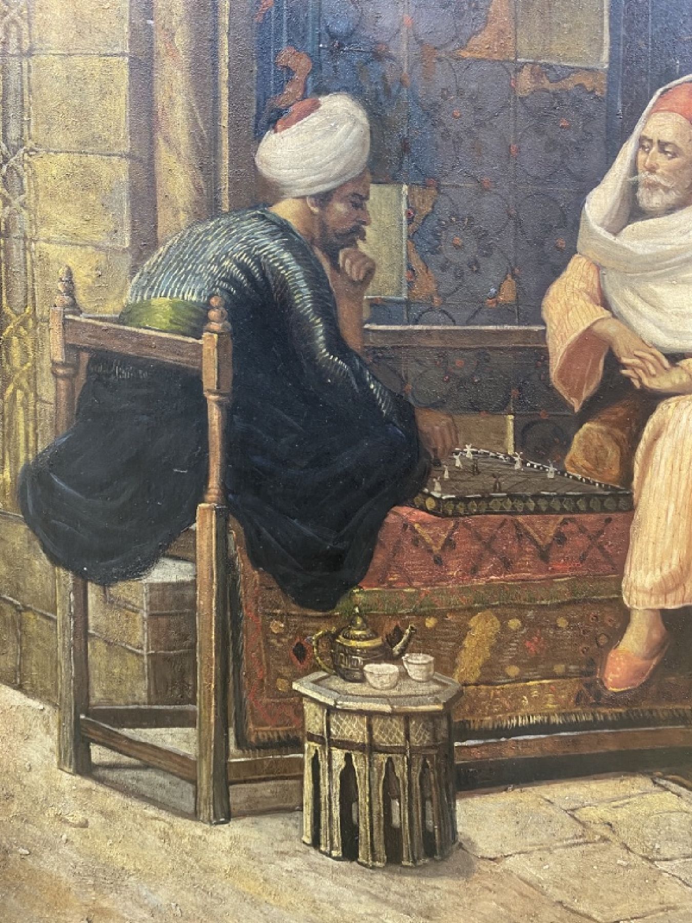 Detail e: Monogrammist M.A., Orientalist, um 1900, zwei Männer beim Tee, Öl/Lwd, rechts unten monogrammiert, ca. 90x60cm, R. ca. 14cm breiter ...