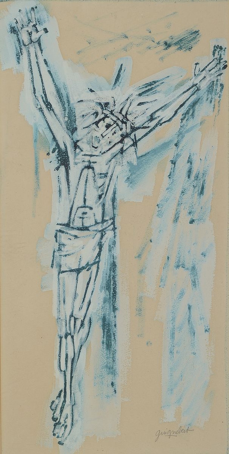 Jean-Claude Guignebert, 1921-1989, Gekreuzigter Christus, Kreide und Deckweiß, rechts unten signiert, ca. 40x20cm, PP, u.Gl., R. ca. 52x31cm