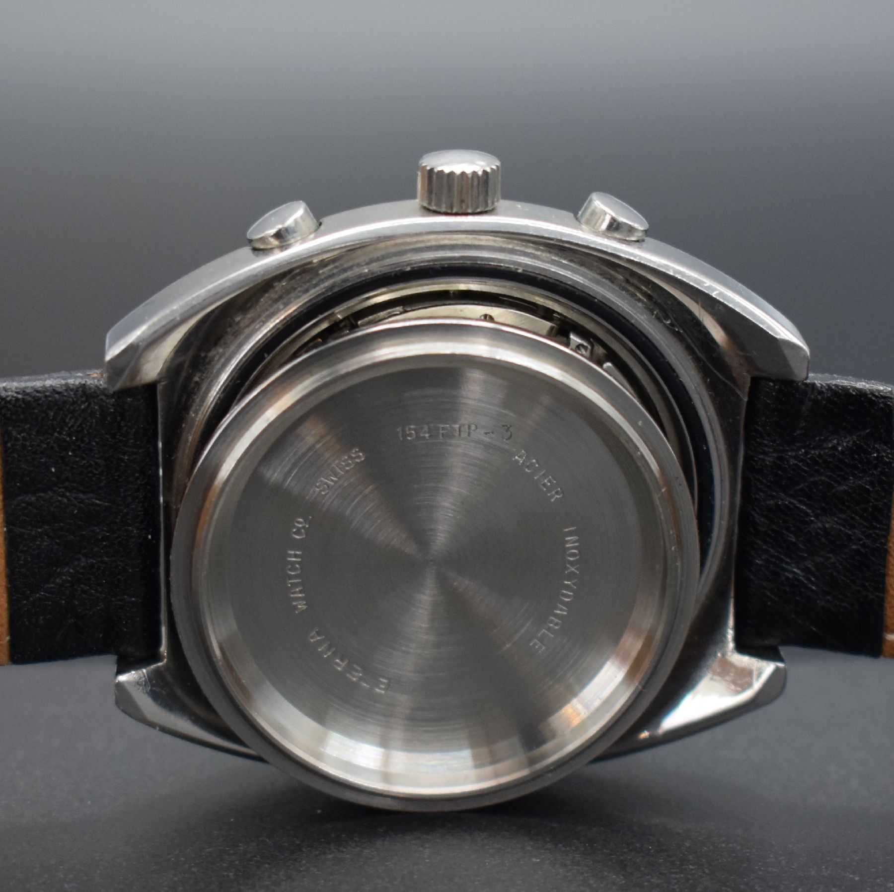 Detail e: ETERNA Schaltradchronograph Kaliber Valjoux 726, Handaufzug, Schweiz um 1970, Ref. 154 FTP - 3, Edelstahlgeh., Boden verschr., kupferfarb. Lünette ...