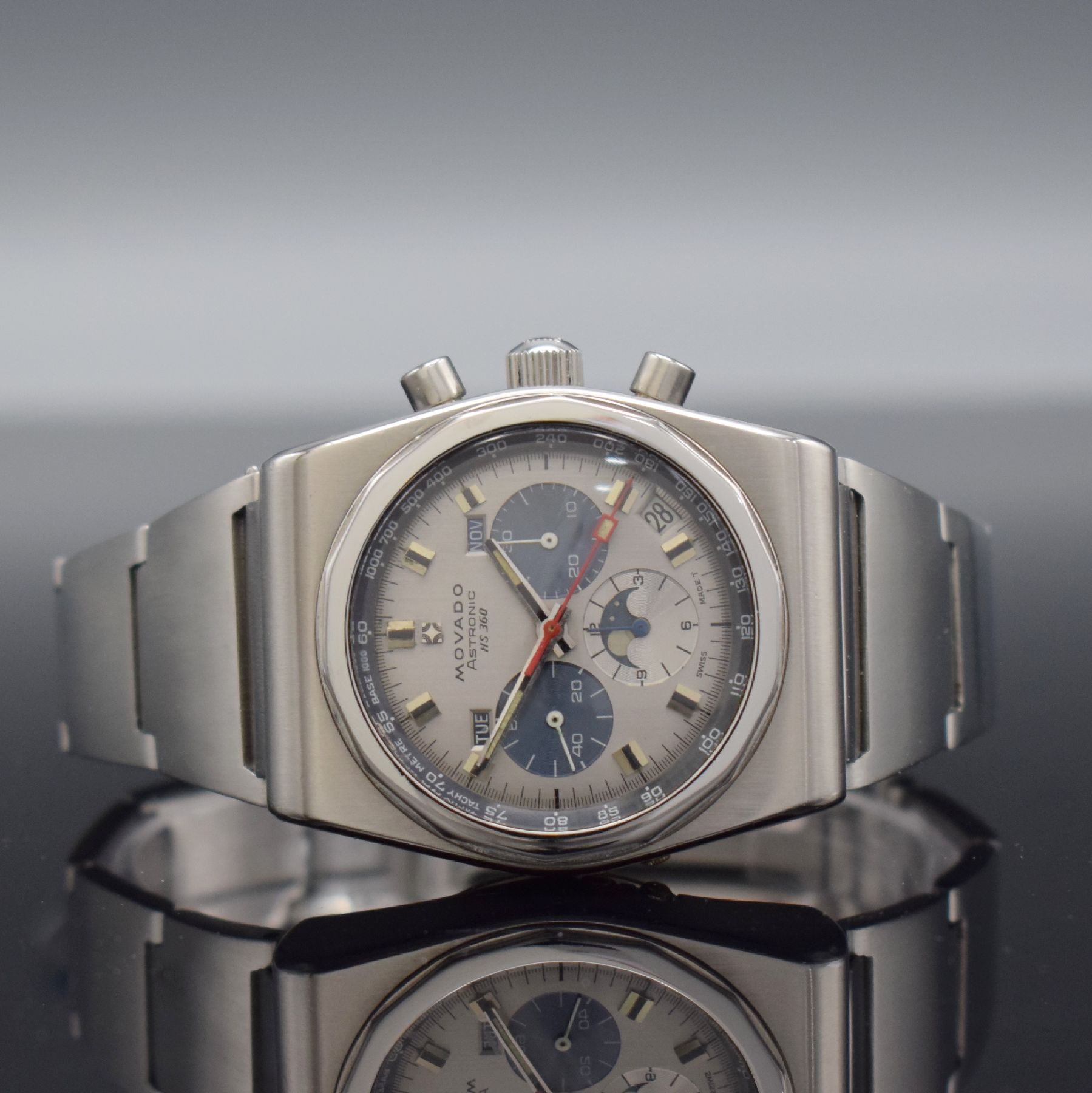 MOVADO Astronic Schaltradchronograph mit Vollkalenderanzeige Kaliber 3019PHF, Automatik, Schweiz um 1975, Ref. 01.0010.436, massives Edelstahlgeh. ...