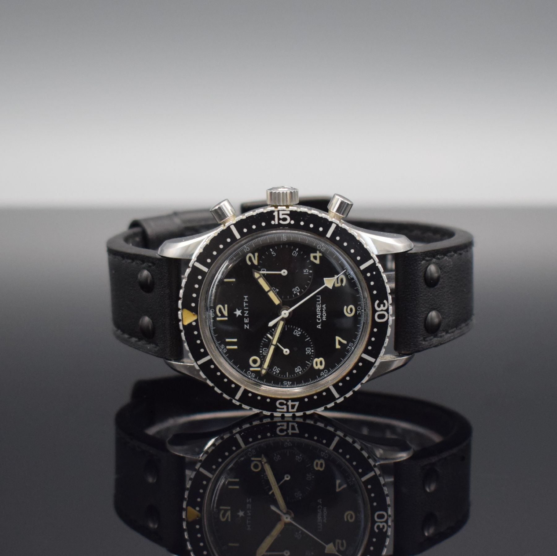 ZENITH CRONOMETRO TIPO CP-2 seltener Schaltradchronograph für A. Cairelli Roma, Handaufzug, Schweiz um 1965, unpoliertes, verschr. Geh., schwarze, ...