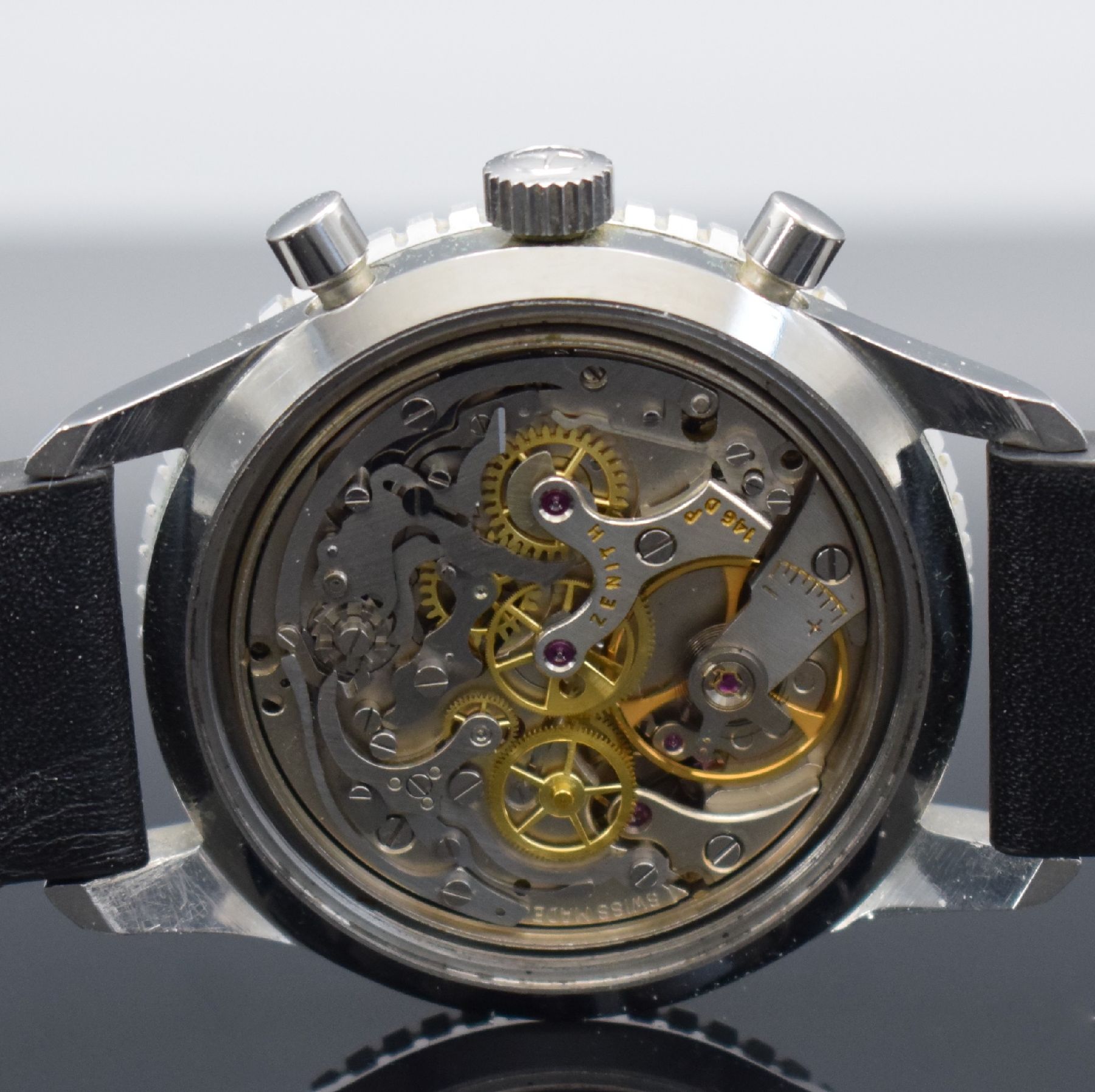 Detail f: ZENITH CRONOMETRO TIPO CP-2 seltener Schaltradchronograph für A. Cairelli Roma, Handaufzug, Schweiz um 1965, unpoliertes, verschr. Geh., schwarze, ...