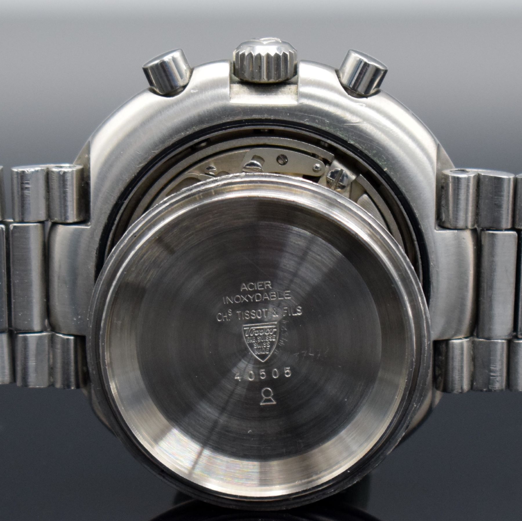 Detail g: TISSOT T12 Armbandchronograph "UFO" Kaliber Lemania 873 Referenz 40505, Handaufzug, Schweiz um 1970, Boden aufgedr., orig. Gay Freres ...