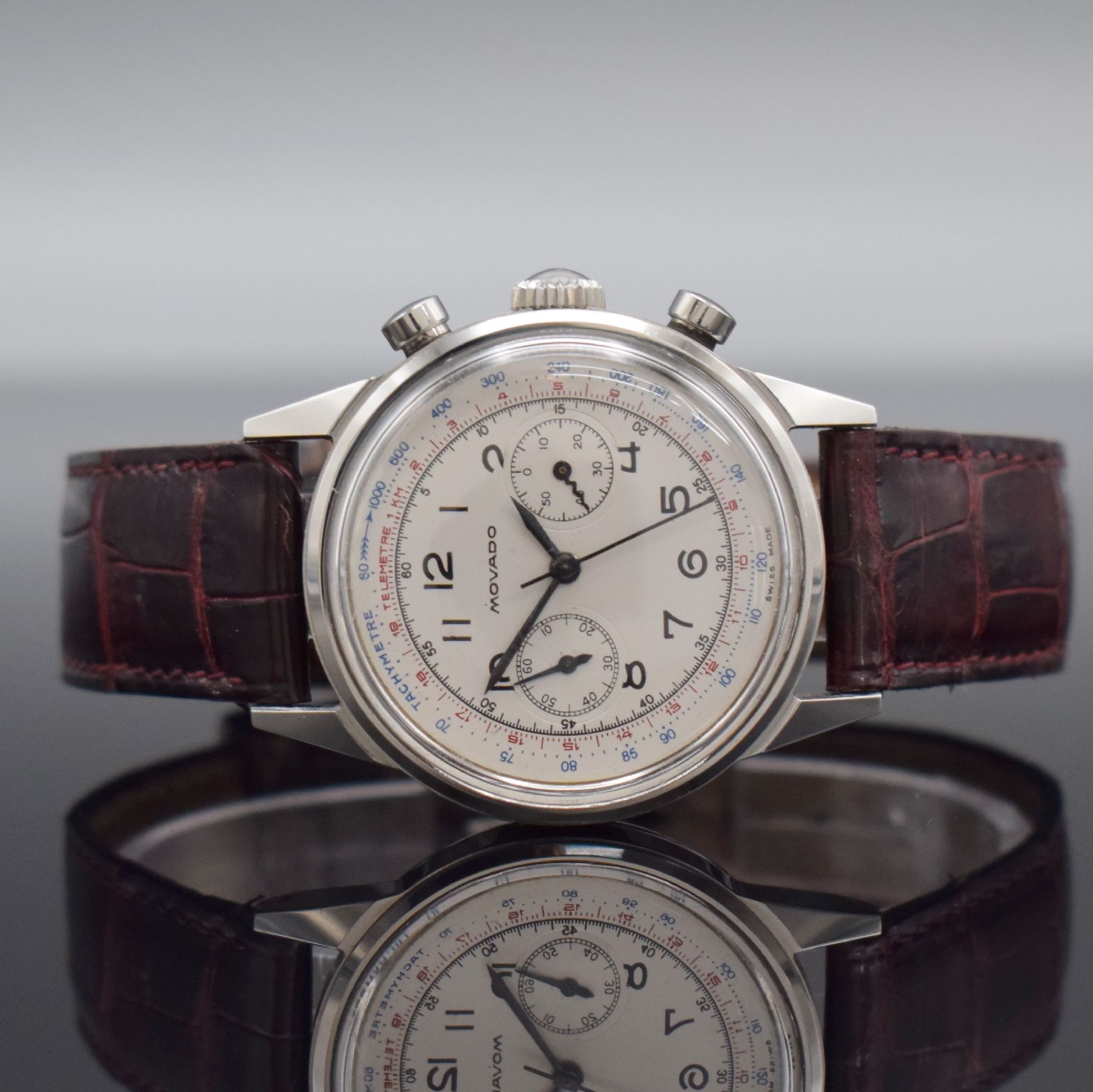MOVADO Schaltradchronograph Kaliber 90M im späteren original Movado/FB verschraubten Stahlgehäuse, Handaufzug, Schweiz um 1940/1960, silb. ...