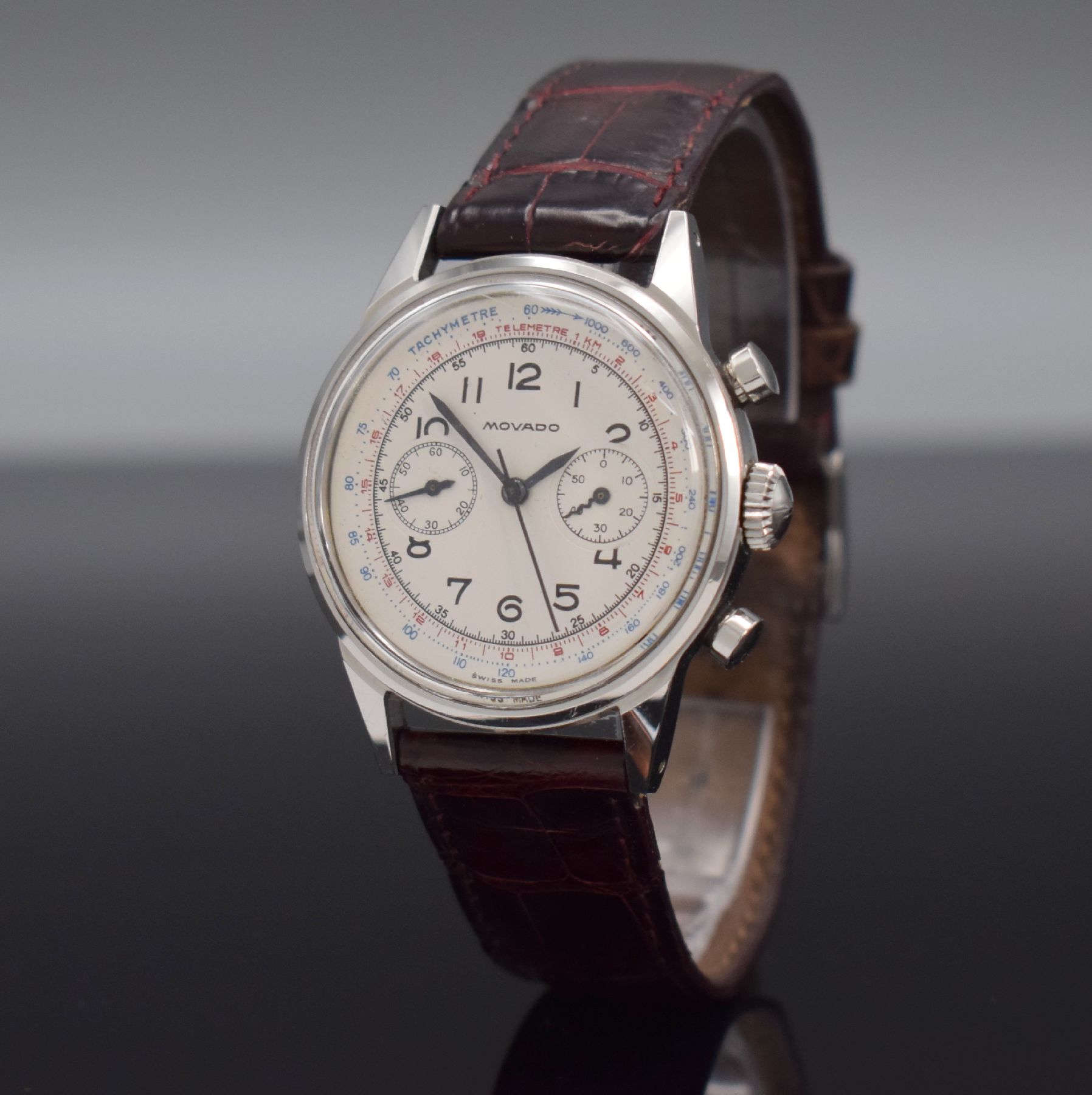 Detail b: MOVADO Schaltradchronograph Kaliber 90M im späteren original Movado/FB verschraubten Stahlgehäuse, Handaufzug, Schweiz um 1940/1960, silb. ...