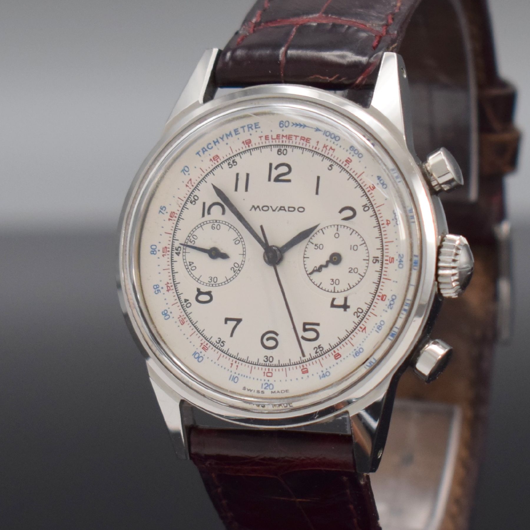 Detail c: MOVADO Schaltradchronograph Kaliber 90M im späteren original Movado/FB verschraubten Stahlgehäuse, Handaufzug, Schweiz um 1940/1960, silb. ...