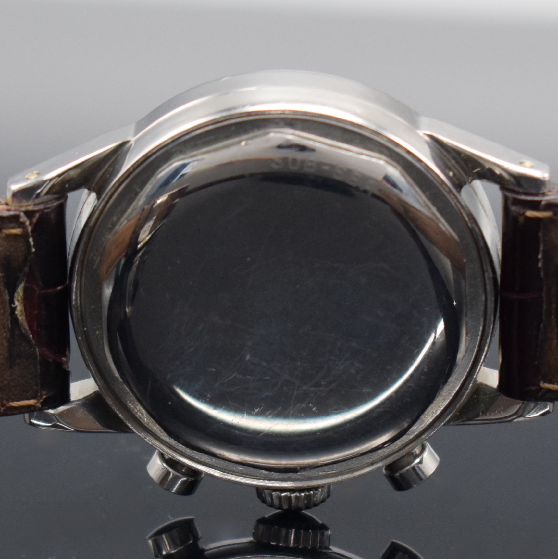 Detail d: MOVADO Schaltradchronograph Kaliber 90M im späteren original Movado/FB verschraubten Stahlgehäuse, Handaufzug, Schweiz um 1940/1960, silb. ...