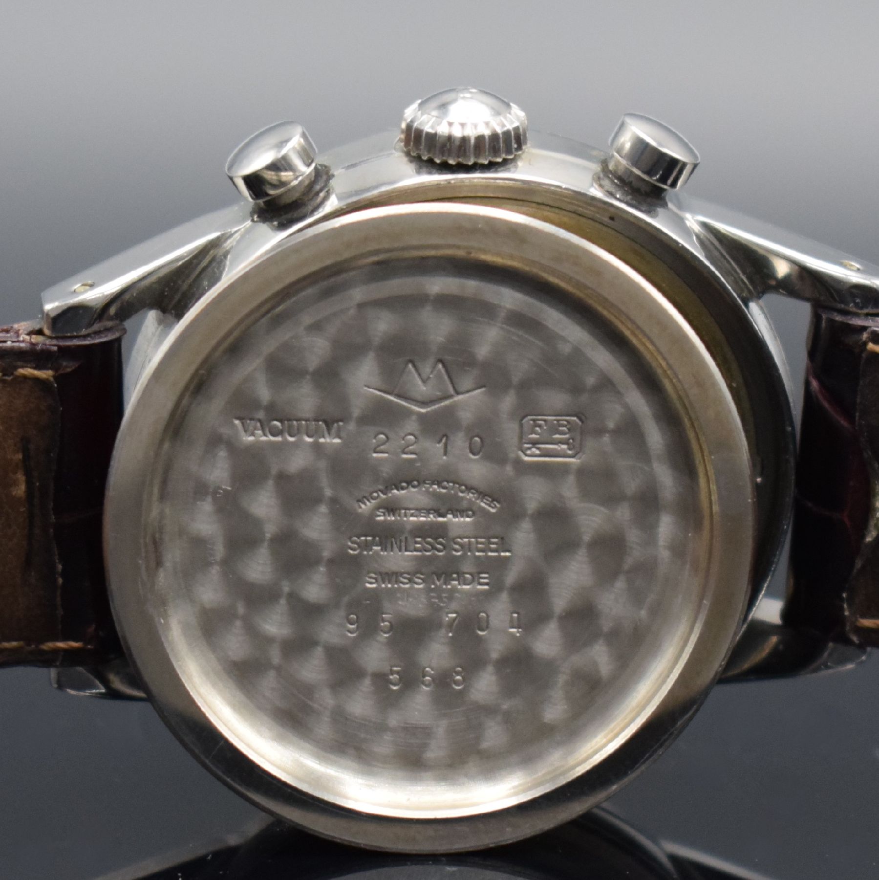 Detail f: MOVADO Schaltradchronograph Kaliber 90M im späteren original Movado/FB verschraubten Stahlgehäuse, Handaufzug, Schweiz um 1940/1960, silb. ...