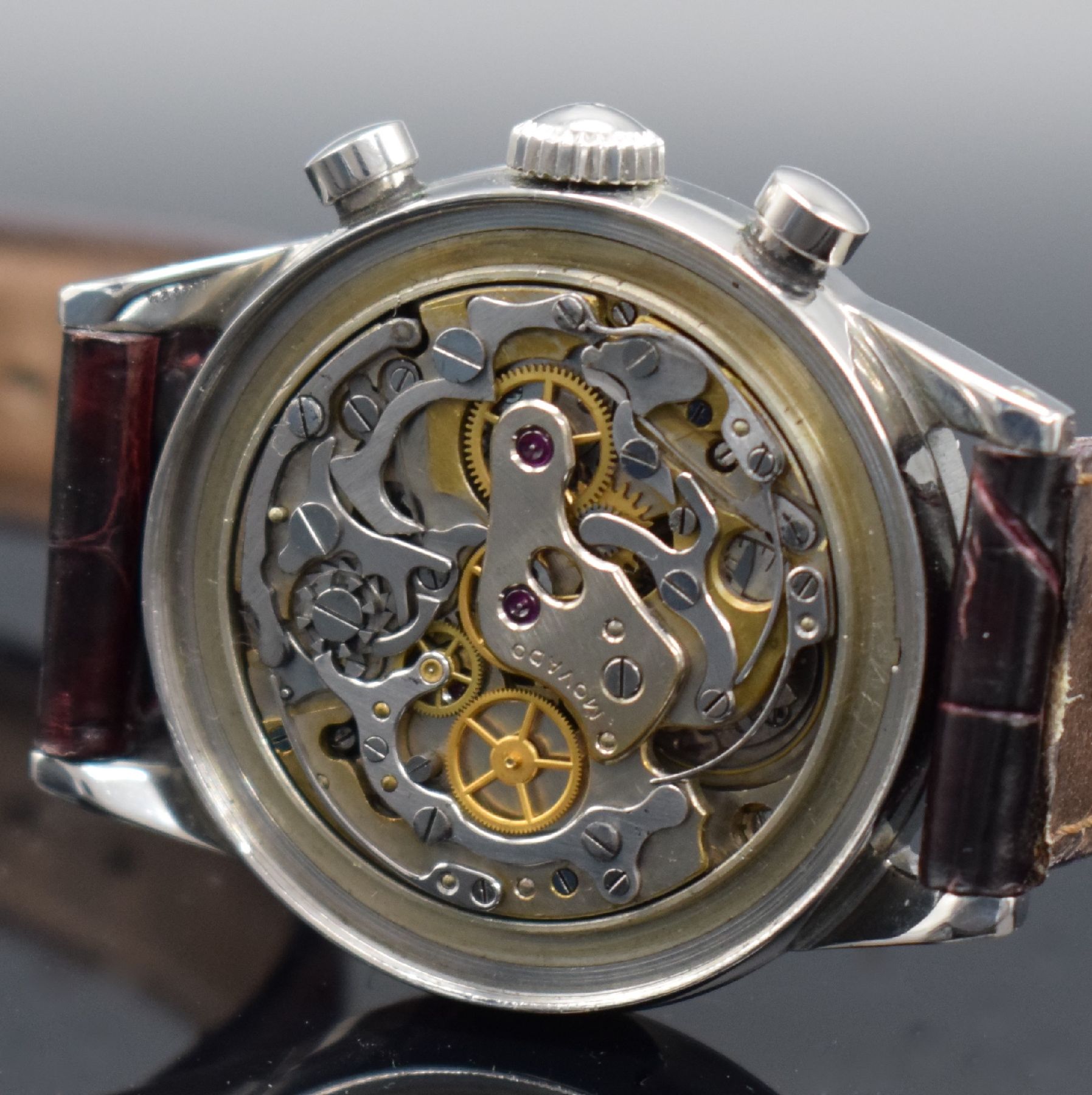 Detail g: MOVADO Schaltradchronograph Kaliber 90M im späteren original Movado/FB verschraubten Stahlgehäuse, Handaufzug, Schweiz um 1940/1960, silb. ...