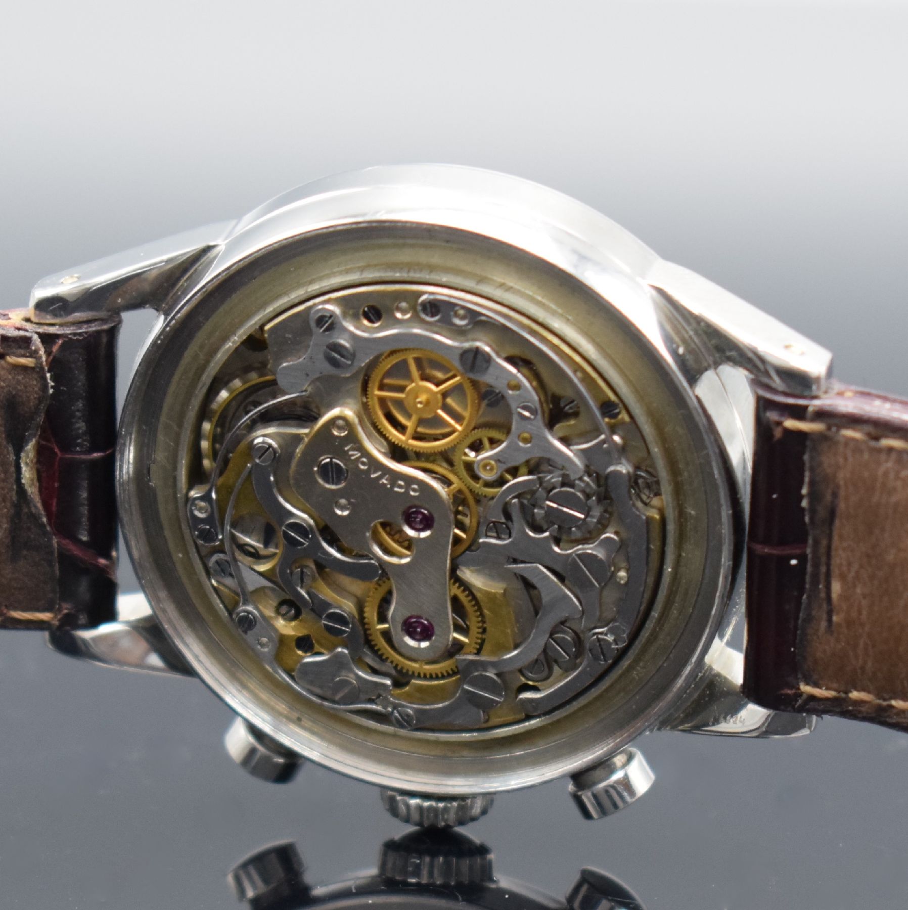 Detail h: MOVADO Schaltradchronograph Kaliber 90M im späteren original Movado/FB verschraubten Stahlgehäuse, Handaufzug, Schweiz um 1940/1960, silb. ...