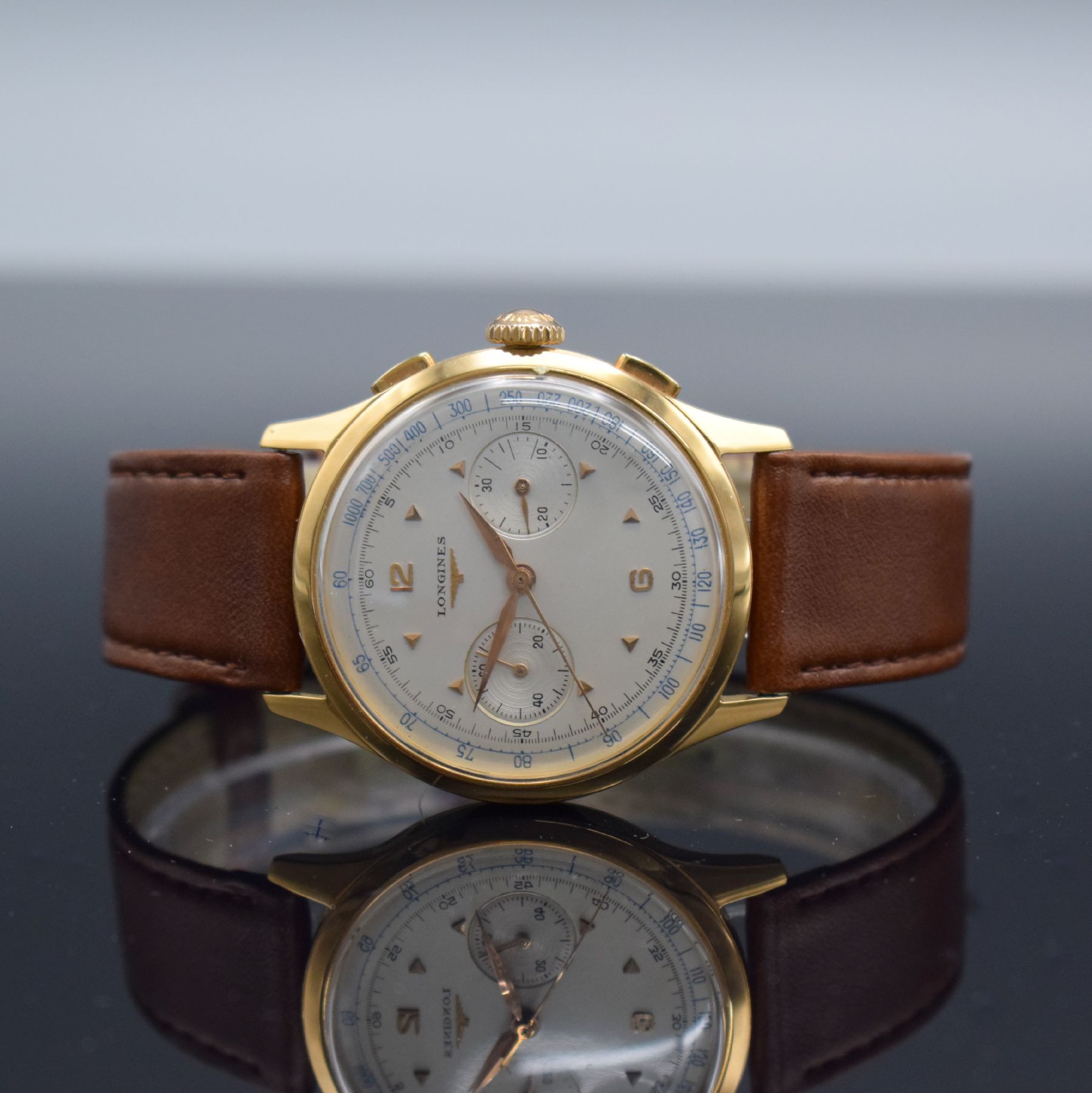 LONGINES 30CH großer Flyback-Chronograph in RoseG 750/000, Handaufzug, Schweiz um 1955, Ref. 5967, 3-teil. Geh., Boden & Glasrand aufgedr., orig. ...