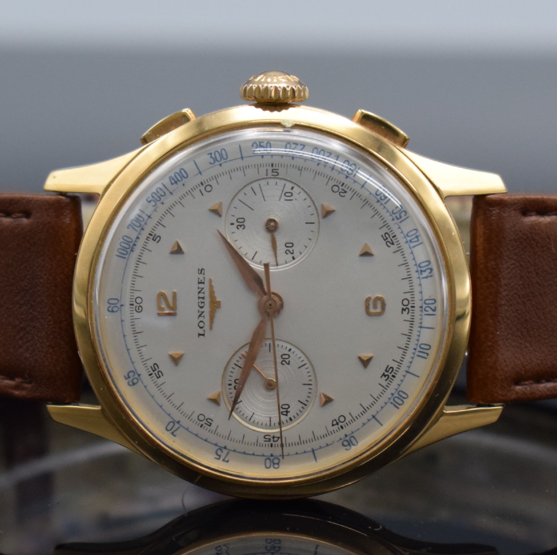 Detail a: LONGINES 30CH großer Flyback-Chronograph in RoseG 750/000, Handaufzug, Schweiz um 1955, Ref. 5967, 3-teil. Geh., Boden & Glasrand aufgedr., orig. ...